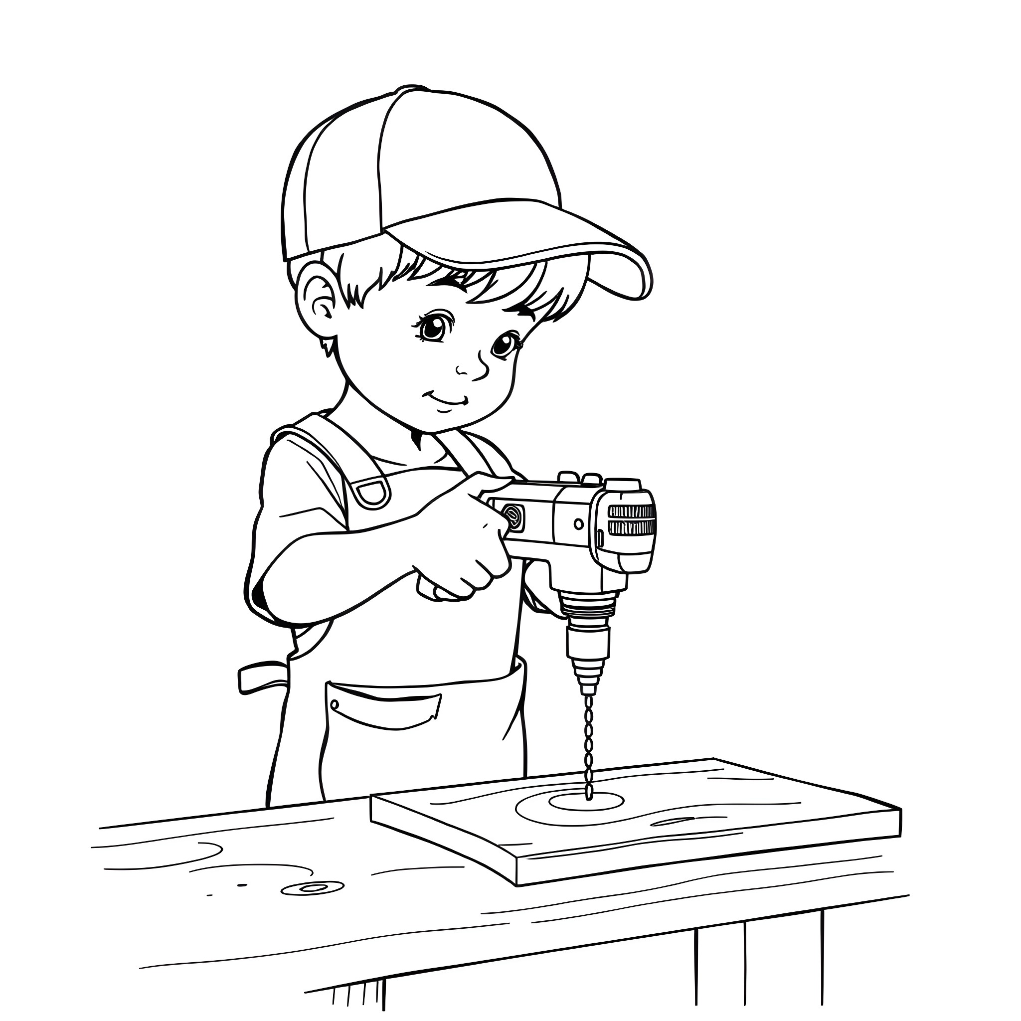 Man operating power tool on workbench Coloring Page (free black-and-white line drawing printable PDF for all, from beginners to advanced learners, including children, teens, adults, and seniors)