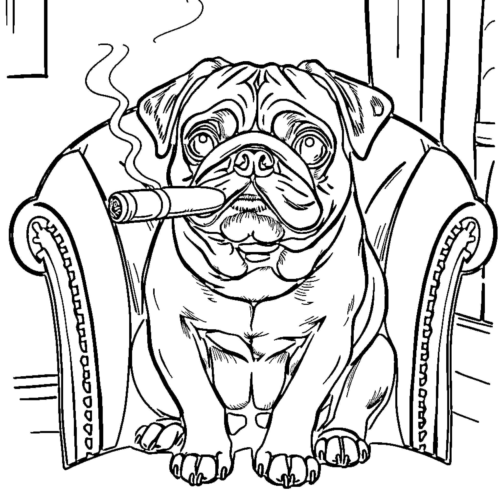 Pug enjoying a cigar in an armchair Coloring Page (free black-and-white line drawing printable PDF for all, from beginners to advanced learners, including children, teens, adults, and seniors)