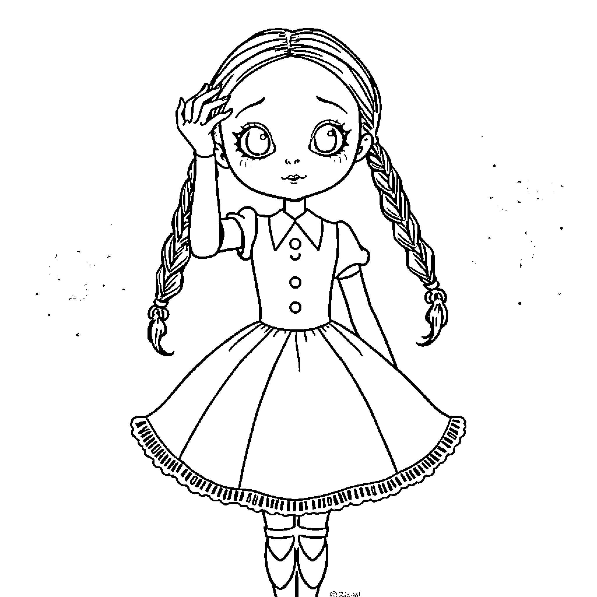 Wednesday Addams in pensive pose Coloring Page (free black-and-white line drawing printable PDF for all, from beginners to advanced learners, including children, teens, adults, and seniors)