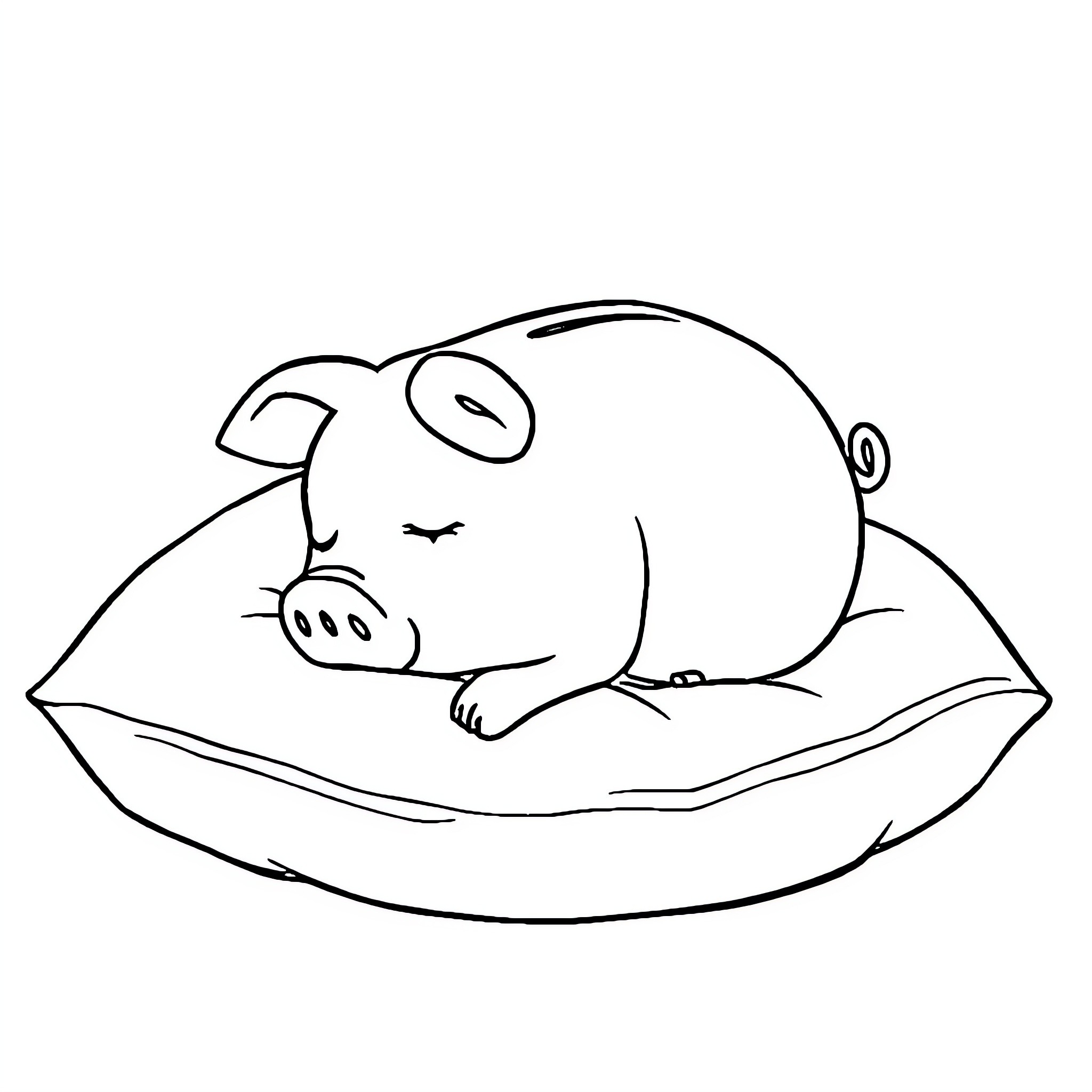 Piggy Bank Sleeping on a Cozy Pillow Coloring Page (free black-and-white line drawing printable PDF for all, from beginners to advanced learners, including children, teens, adults, and seniors)