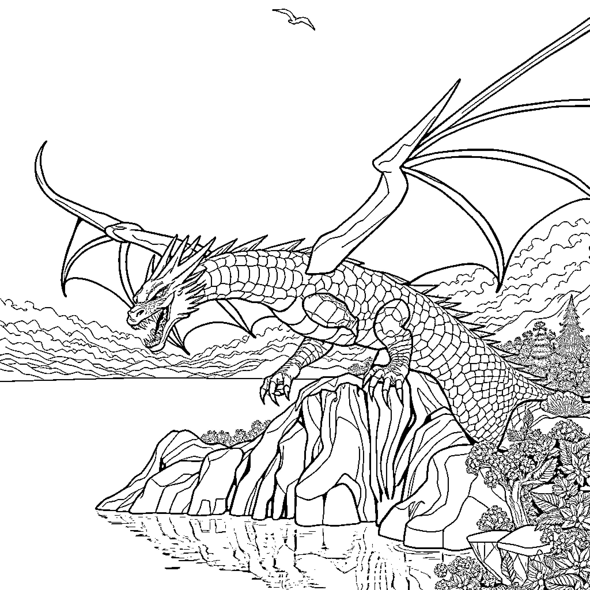 Dragon soaring over a mountainous landscape Coloring Page (free black-and-white line drawing printable PDF for all, from beginners to advanced learners, including children, teens, adults, and seniors)
