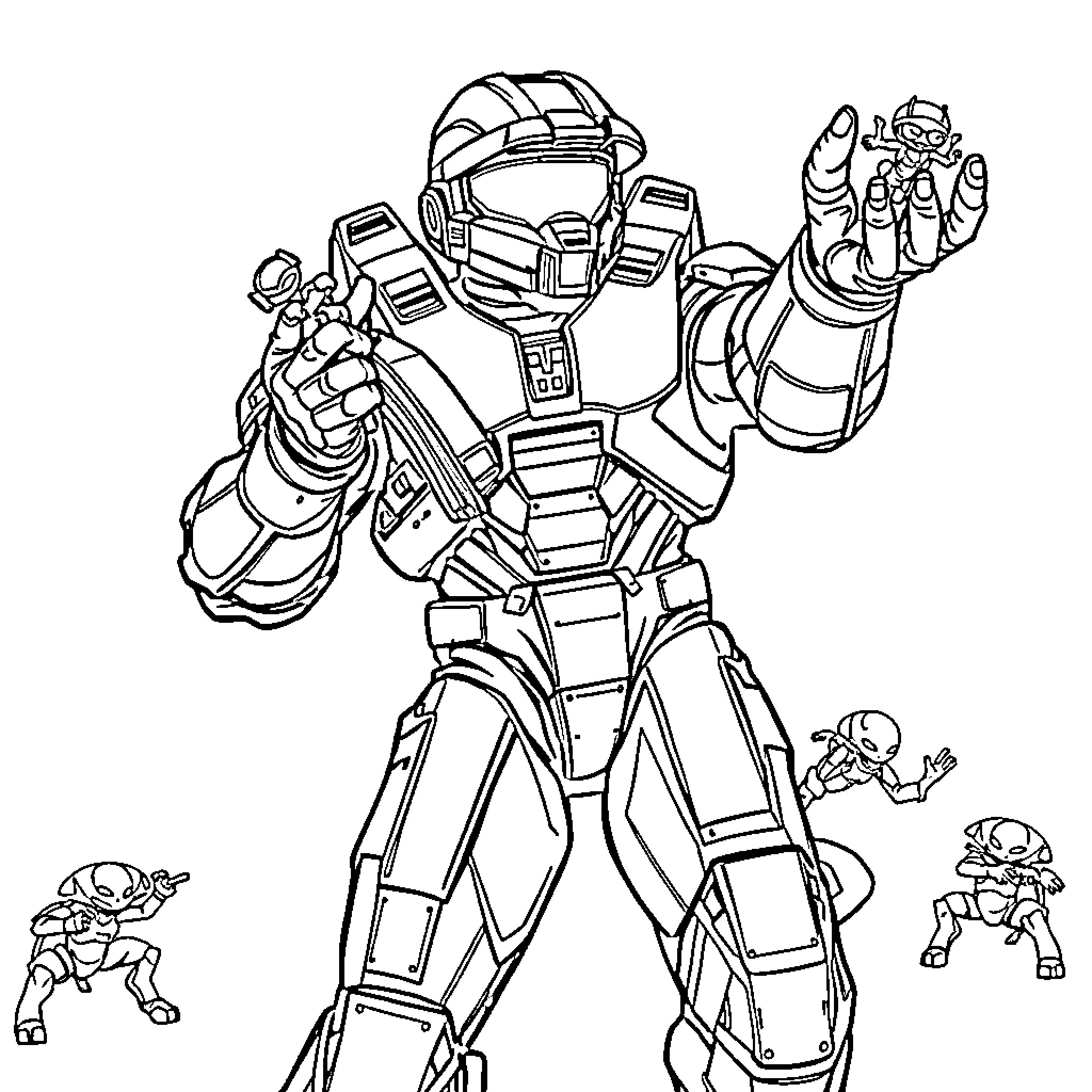 Master Chief in Action Pose with Armored Suit Coloring Page (free black-and-white line drawing printable PDF for all, from beginners to advanced learners, including children, teens, adults, and seniors)