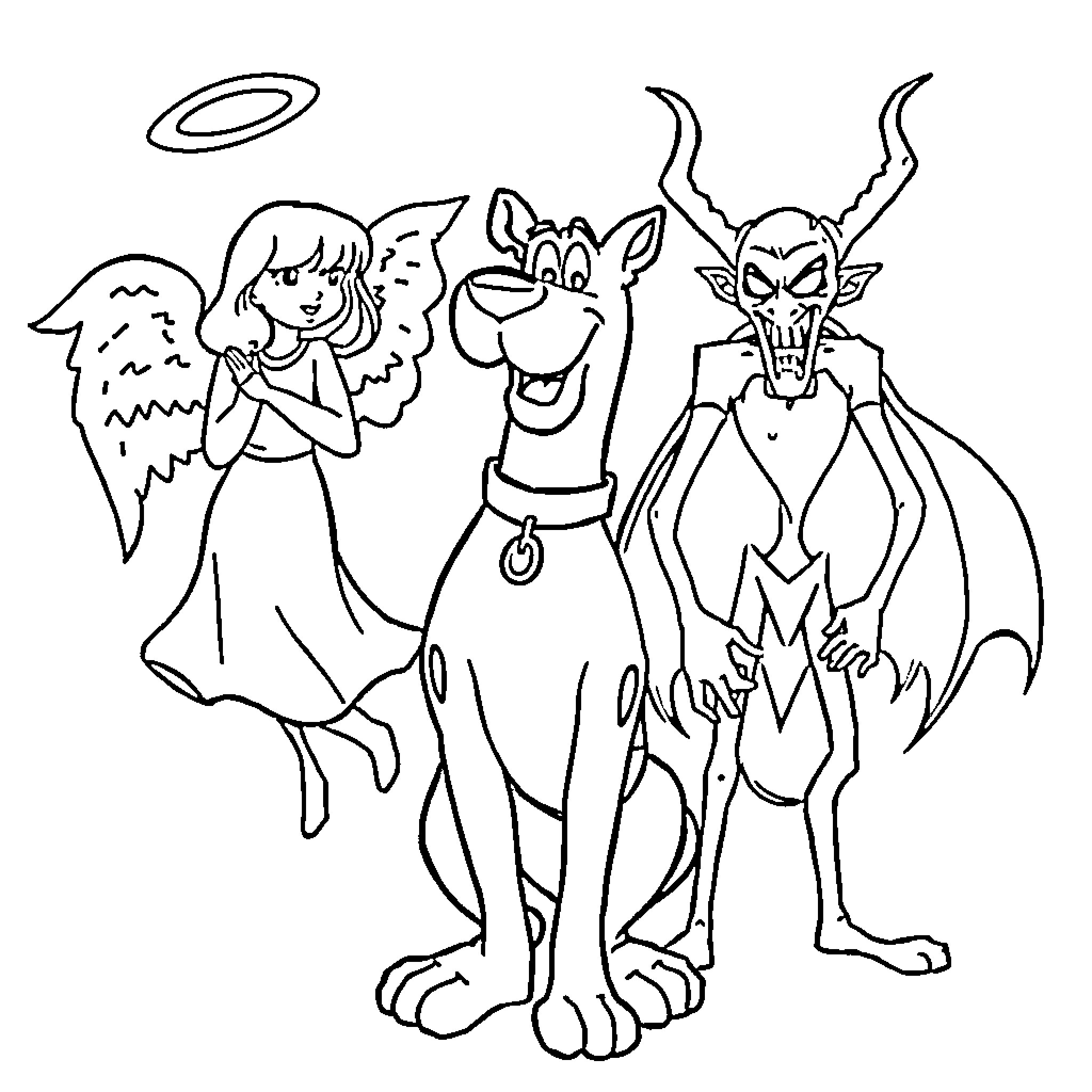 Scooby Doo and friends face supernatural challenges Coloring Page (free black-and-white line drawing printable PDF for all, from beginners to advanced learners, including children, teens, adults, and seniors)
