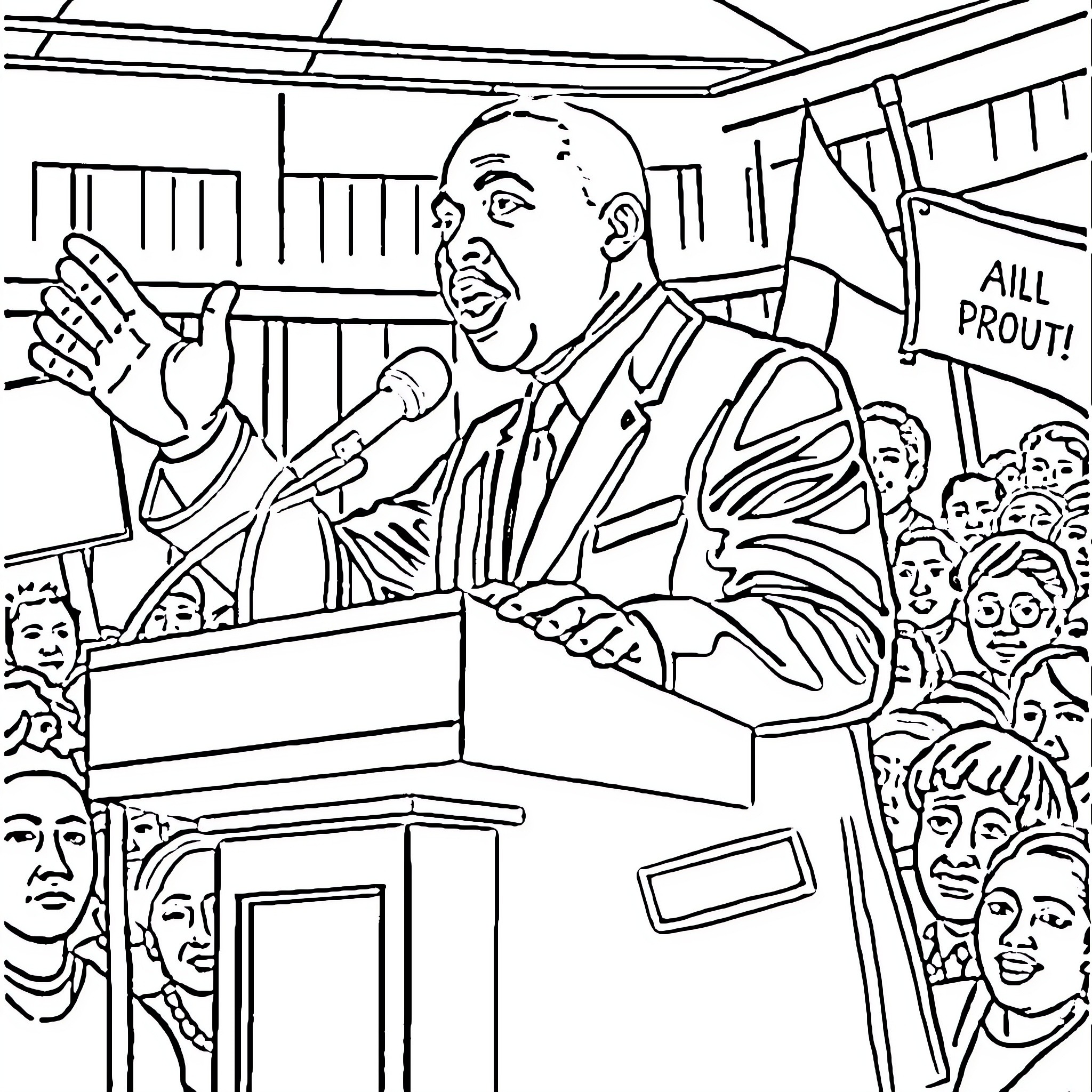 Martin Luther King Giving Inspiring Speech to Supporters Coloring Page (free black-and-white line drawing printable PDF for all, from beginners to advanced learners, including children, teens, adults, and seniors)