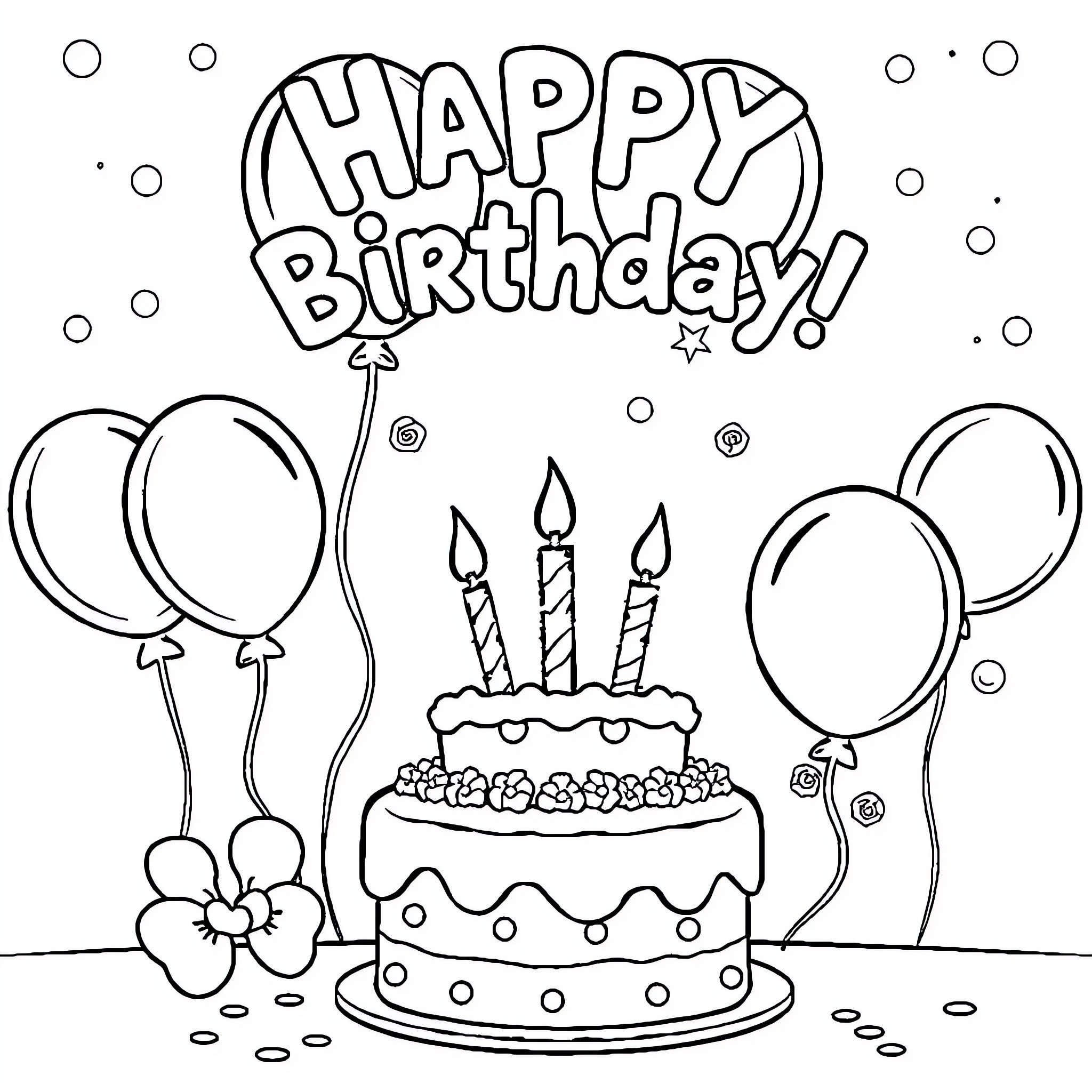 Anniversary celebration with birthday cake and balloons Coloring Page (free black-and-white line drawing printable PDF for all, from beginners to advanced learners, including children, teens, adults, and seniors)