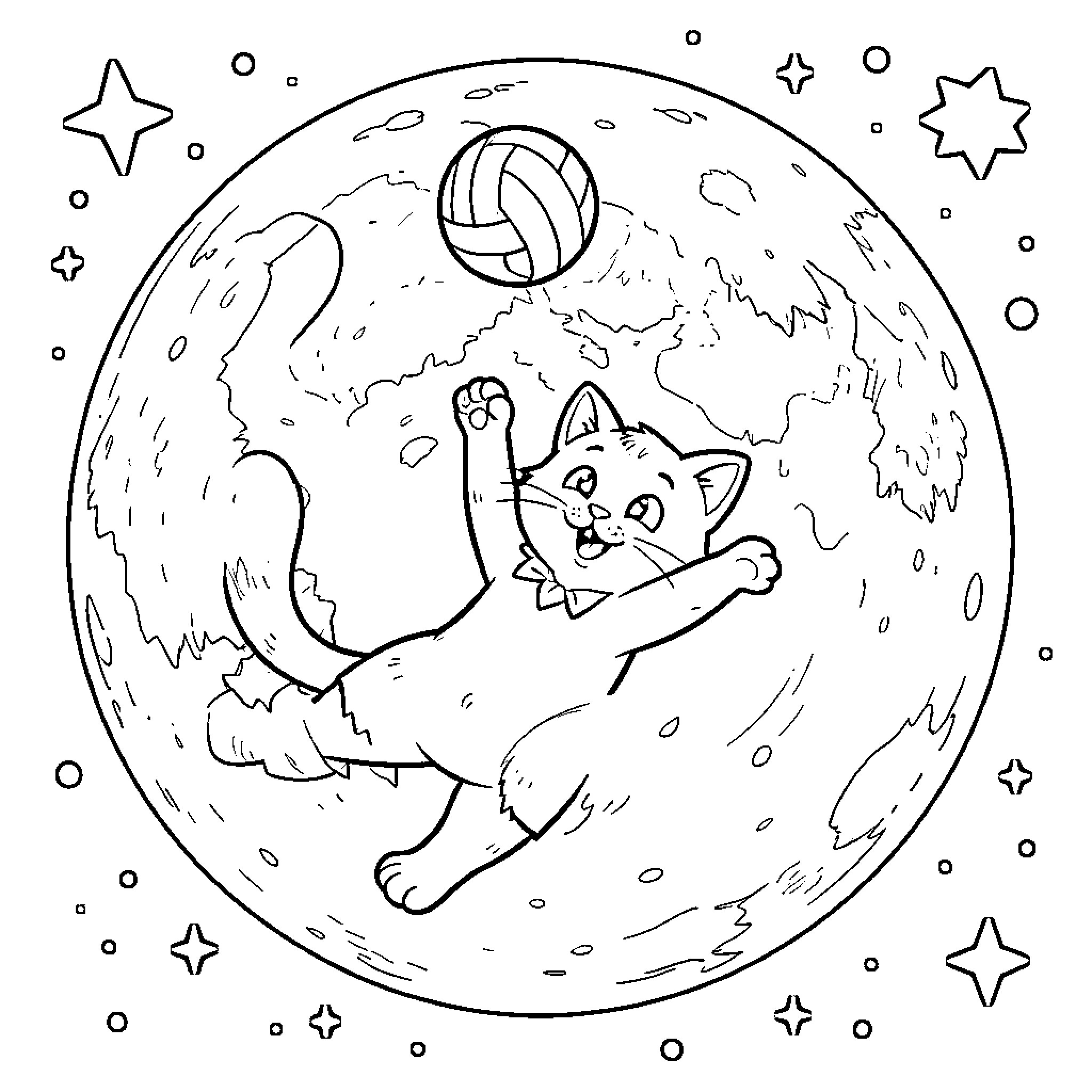 Cat playing with a volleyball on the moon Coloring Page (free black-and-white line drawing printable PDF for all, from beginners to advanced learners, including children, teens, adults, and seniors)