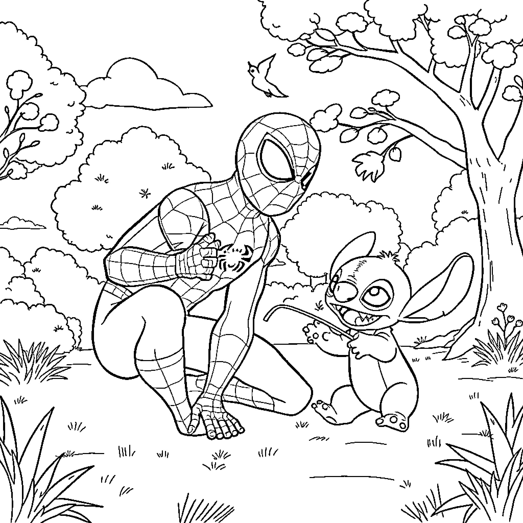 Spiderman meets friendly creature in nature Coloring Page (free black-and-white line drawing printable PDF for all, from beginners to advanced learners, including children, teens, adults, and seniors)