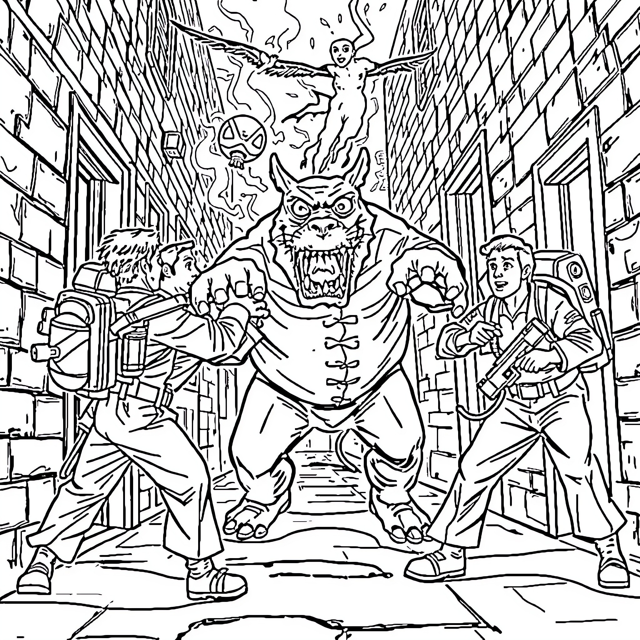 Ghostbuster team confronting a supernatural threat in the city Coloring Page (free black-and-white line drawing printable PDF for all, from beginners to advanced learners, including children, teens, adults, and seniors)