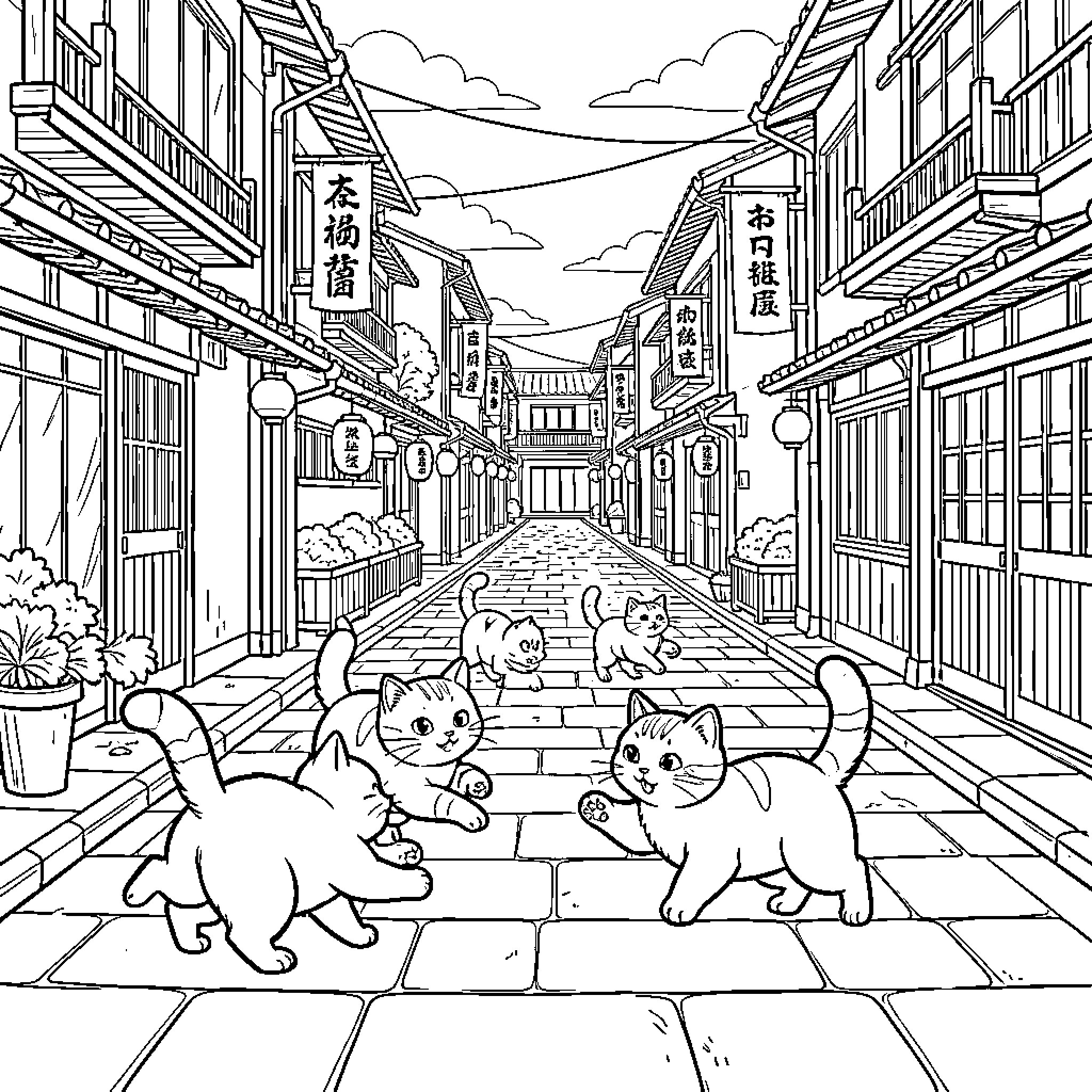 Kitten friends playing and running through a narrow street Coloring Page (free black-and-white line drawing printable PDF for all, from beginners to advanced learners, including children, teens, adults, and seniors)