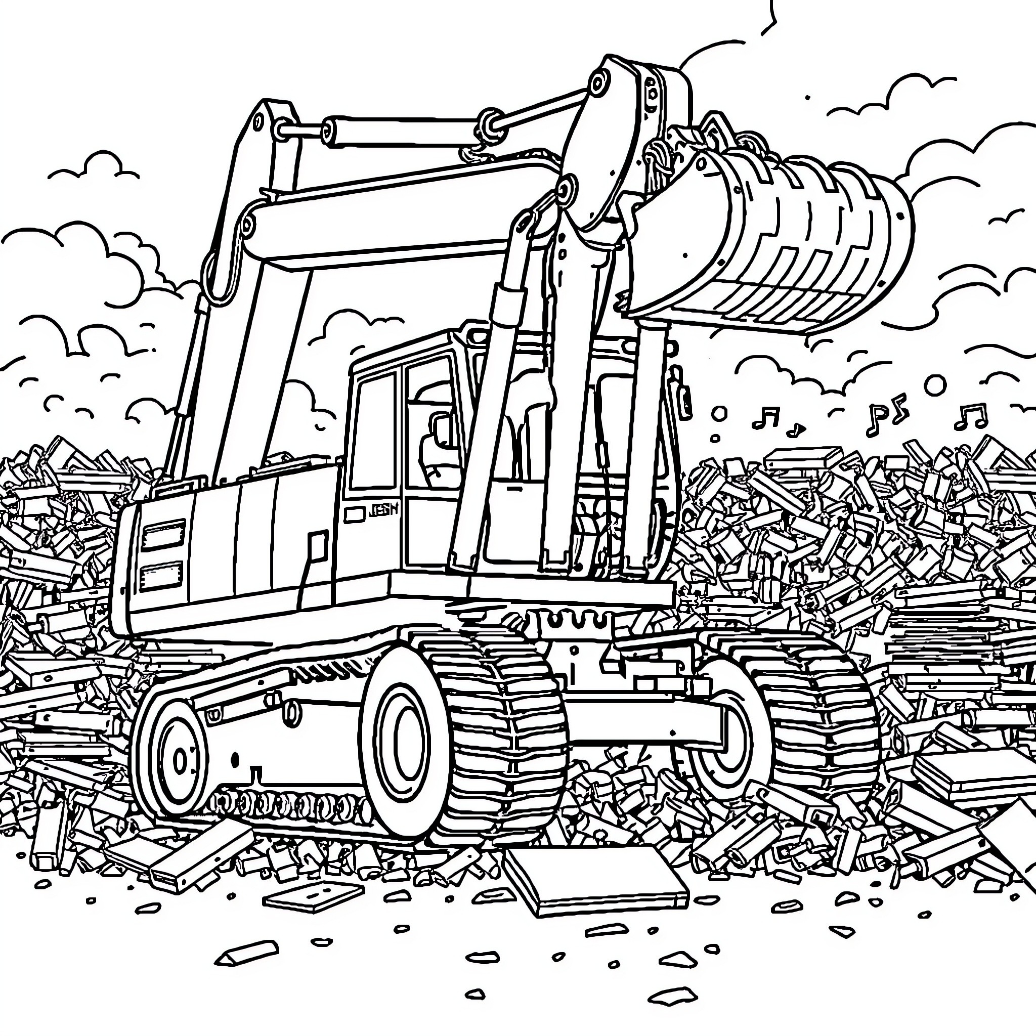 Liebherr heavy machinery operating in construction site Coloring Page (free black-and-white line drawing printable PDF for all, from beginners to advanced learners, including children, teens, adults, and seniors)