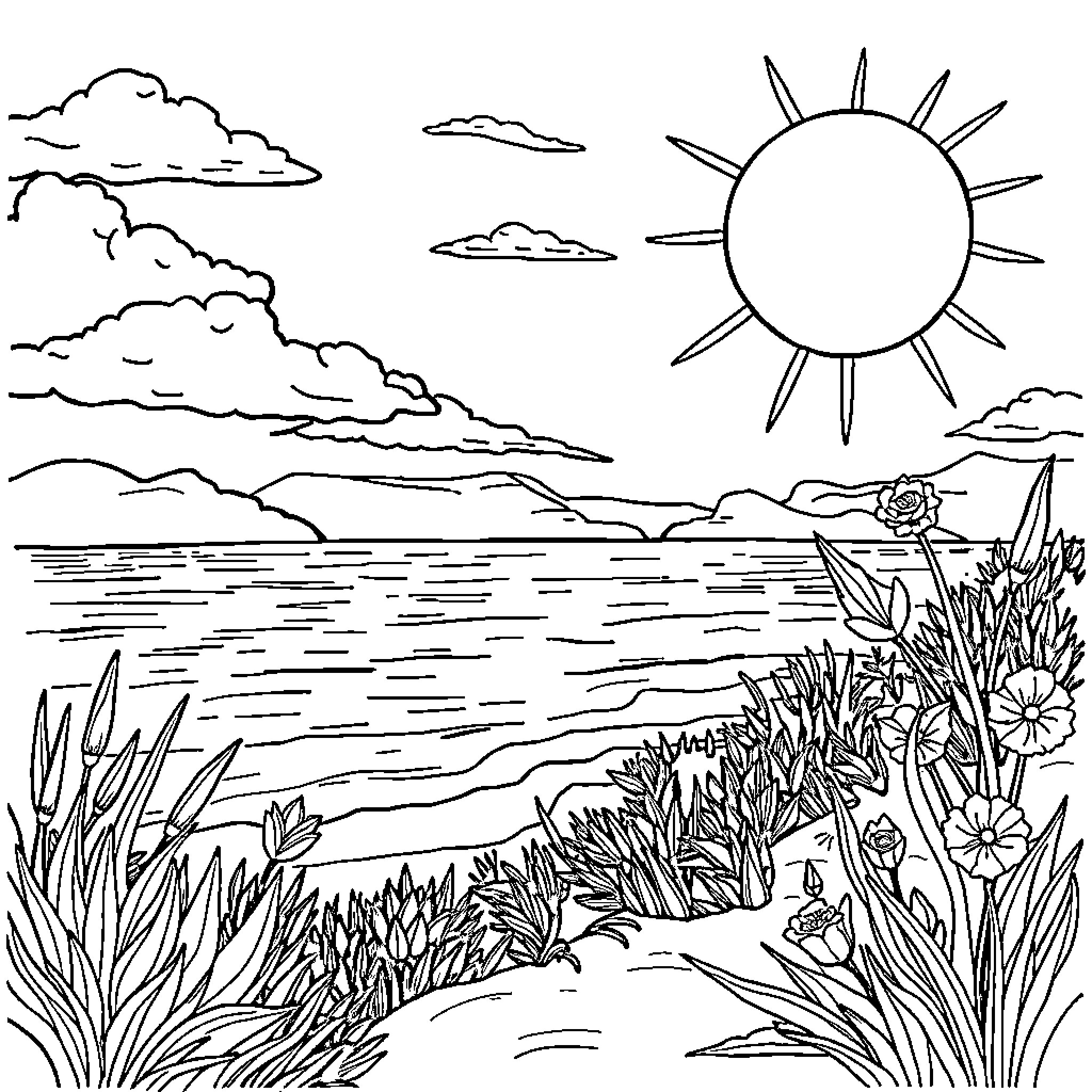 Cool natural landscape with sun and plants Coloring Page (free black-and-white line drawing printable PDF for all, from beginners to advanced learners, including children, teens, adults, and seniors)