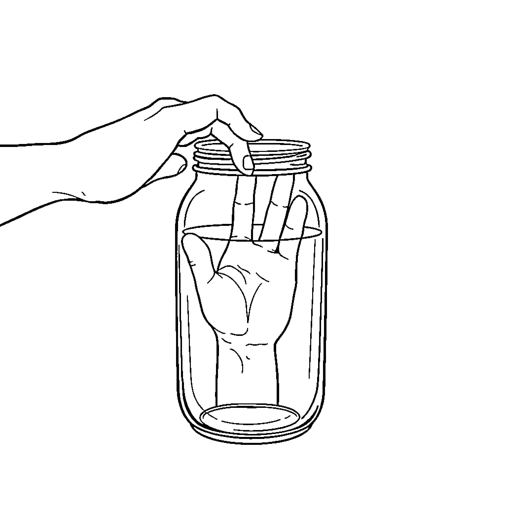 Hand holding a jar with abstract figure Coloring Page (free black-and-white line drawing printable PDF for all, from beginners to advanced learners, including children, teens, adults, and seniors)