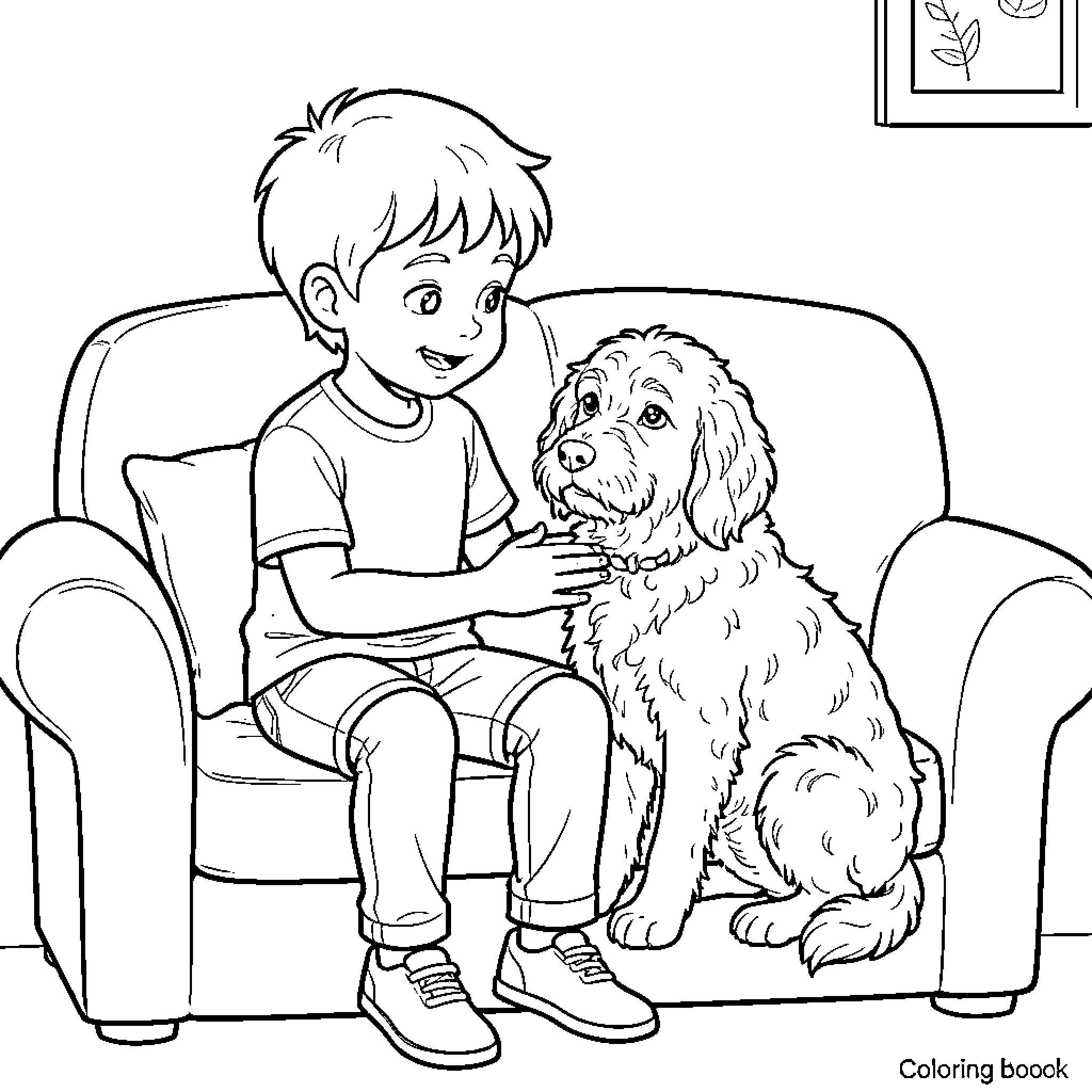 Boy playing with his pet dog on sofa Coloring Page (free black-and-white line drawing printable PDF for all, from beginners to advanced learners, including children, teens, adults, and seniors)
