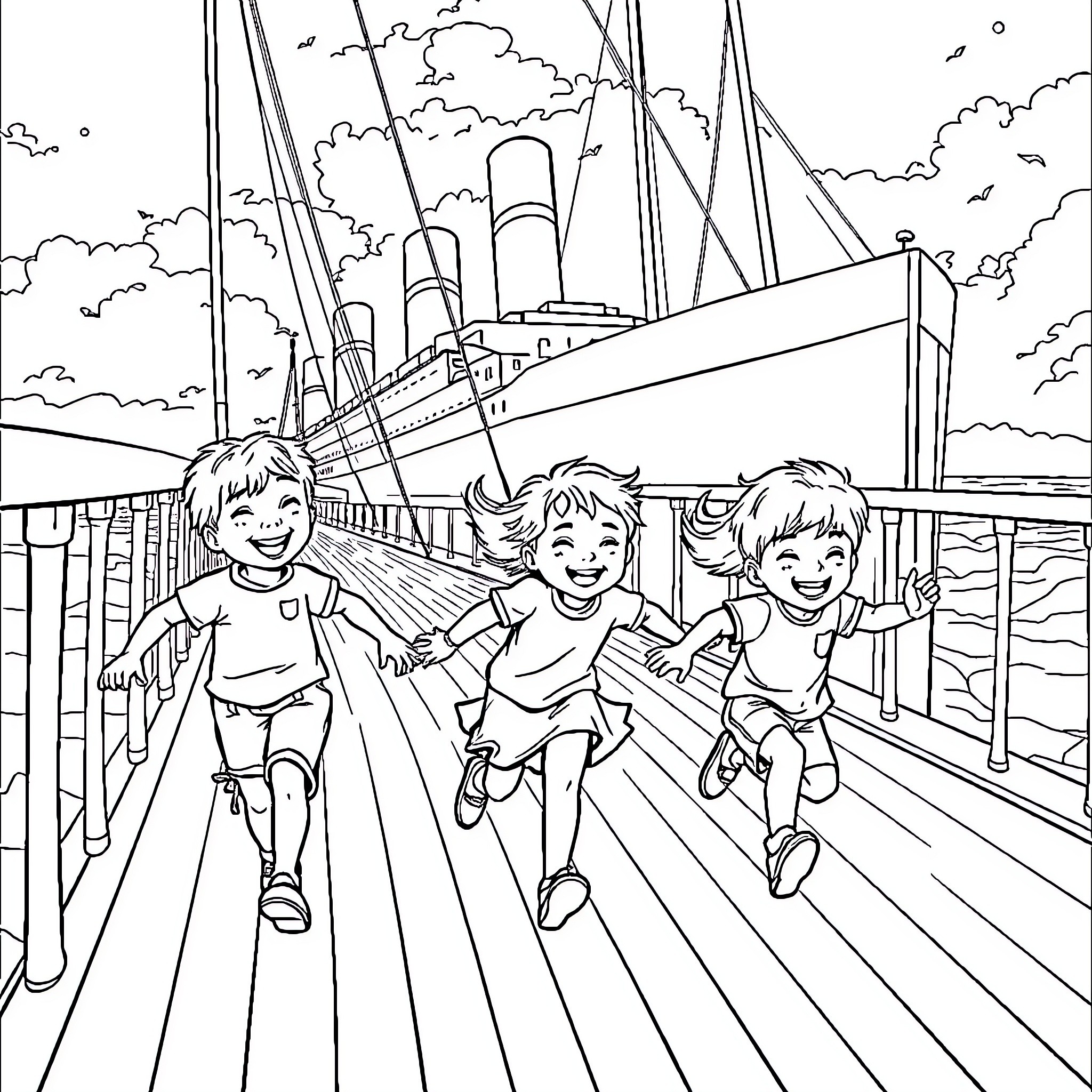 Kid running joyfully on ship deck Coloring Page (free black-and-white line drawing printable PDF for all, from beginners to advanced learners, including children, teens, adults, and seniors)