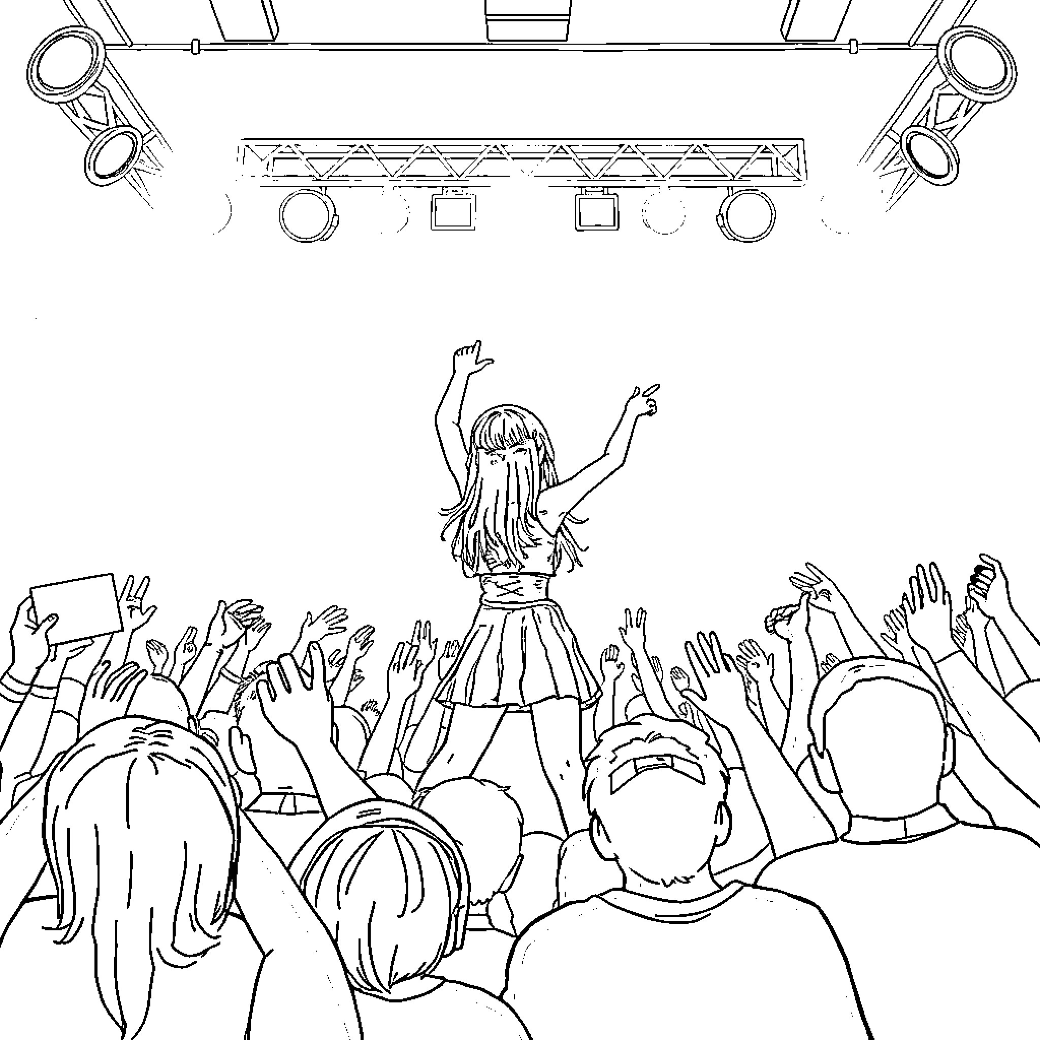 Rui's lively performance captivates the enthusiastic crowd Coloring Page (free black-and-white line drawing printable PDF for all, from beginners to advanced learners, including children, teens, adults, and seniors)