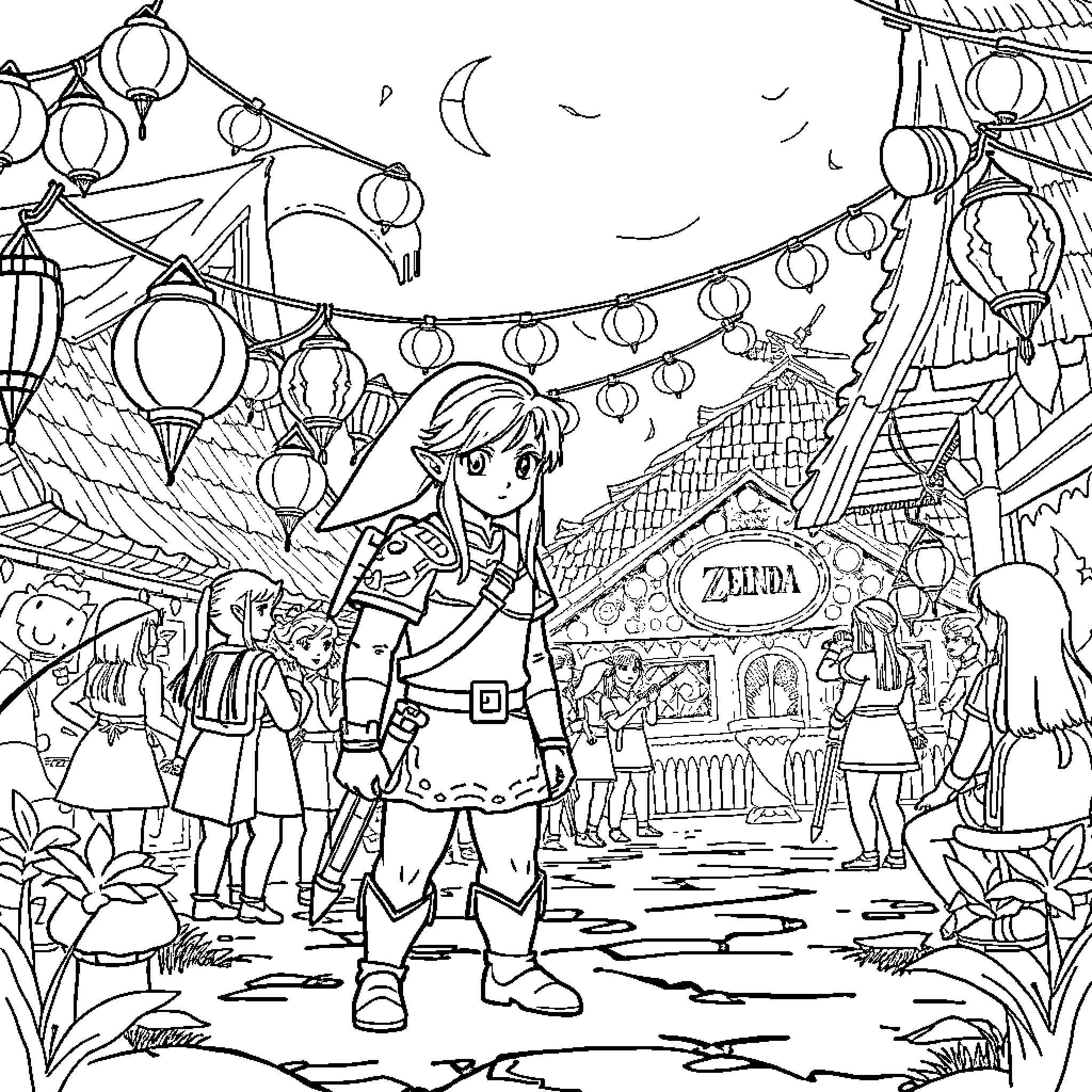 Zelda's Adventurous Exploration in a Vibrant Festival Coloring Page (free black-and-white line drawing printable PDF for all, from beginners to advanced learners, including children, teens, adults, and seniors)