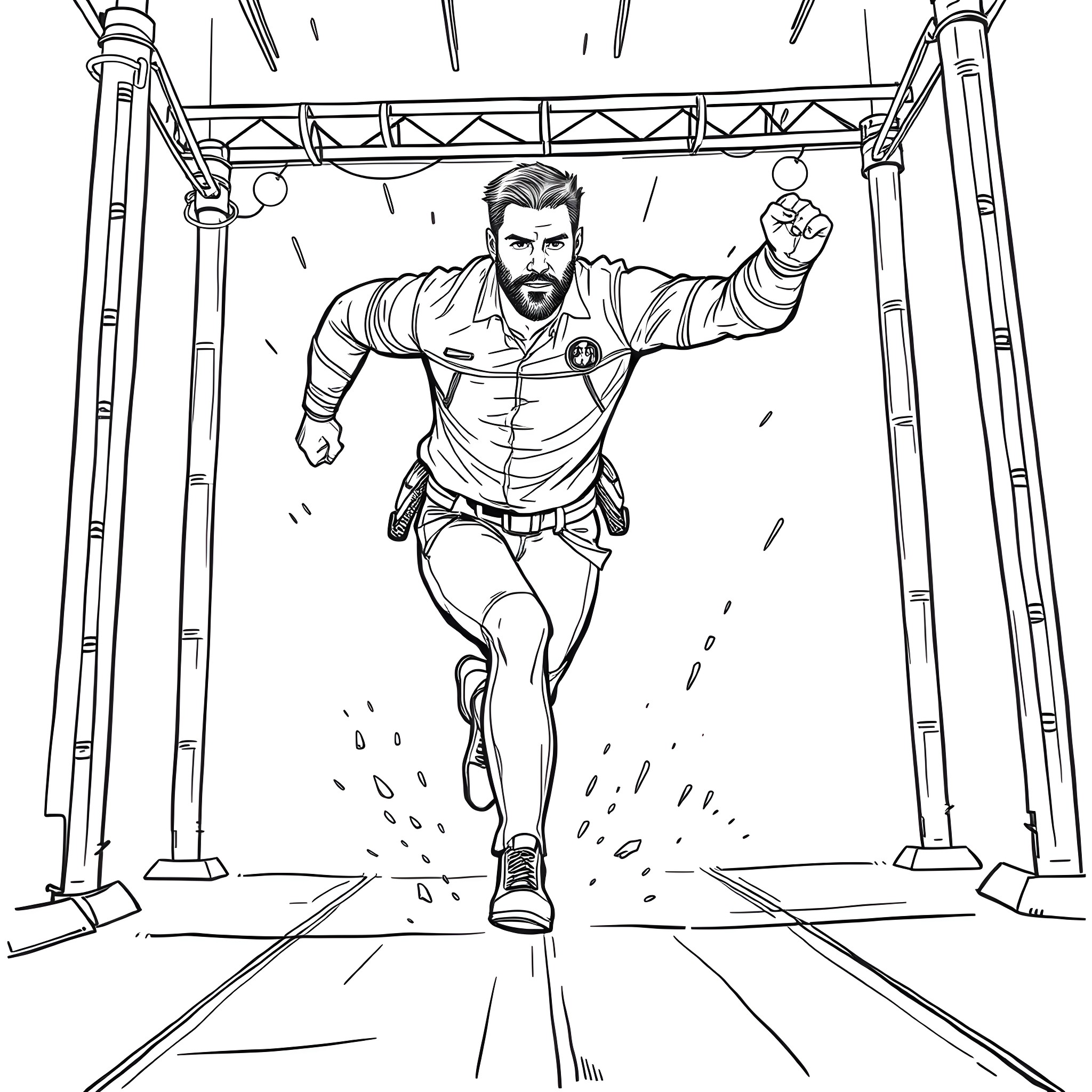 Stephen Amell as Superhero Running in Action Scene Coloring Page (free black-and-white line drawing printable PDF for all, from beginners to advanced learners, including children, teens, adults, and seniors)
