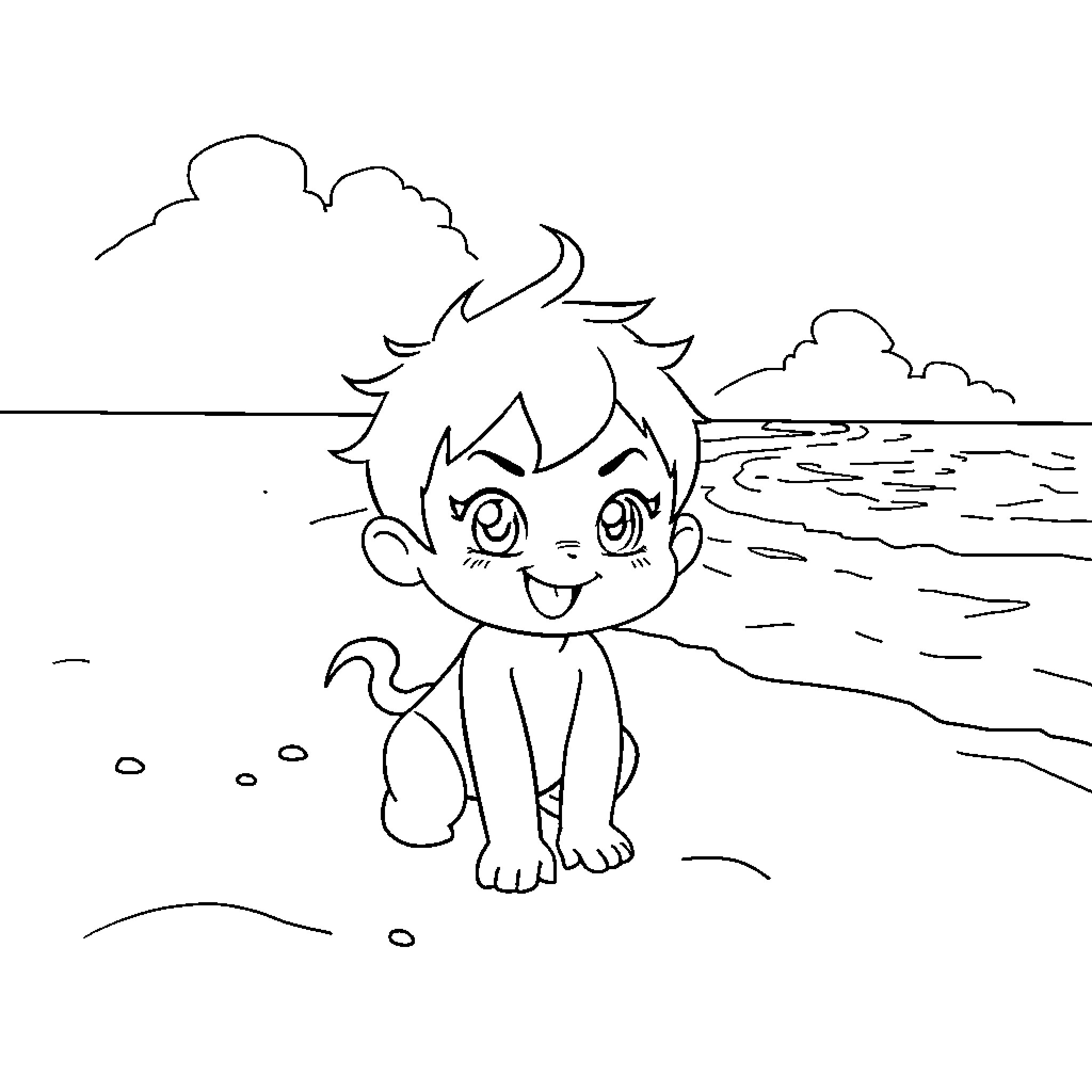 Kuromi playing happily on the beach Coloring Page (free black-and-white line drawing printable PDF for all, from beginners to advanced learners, including children, teens, adults, and seniors)