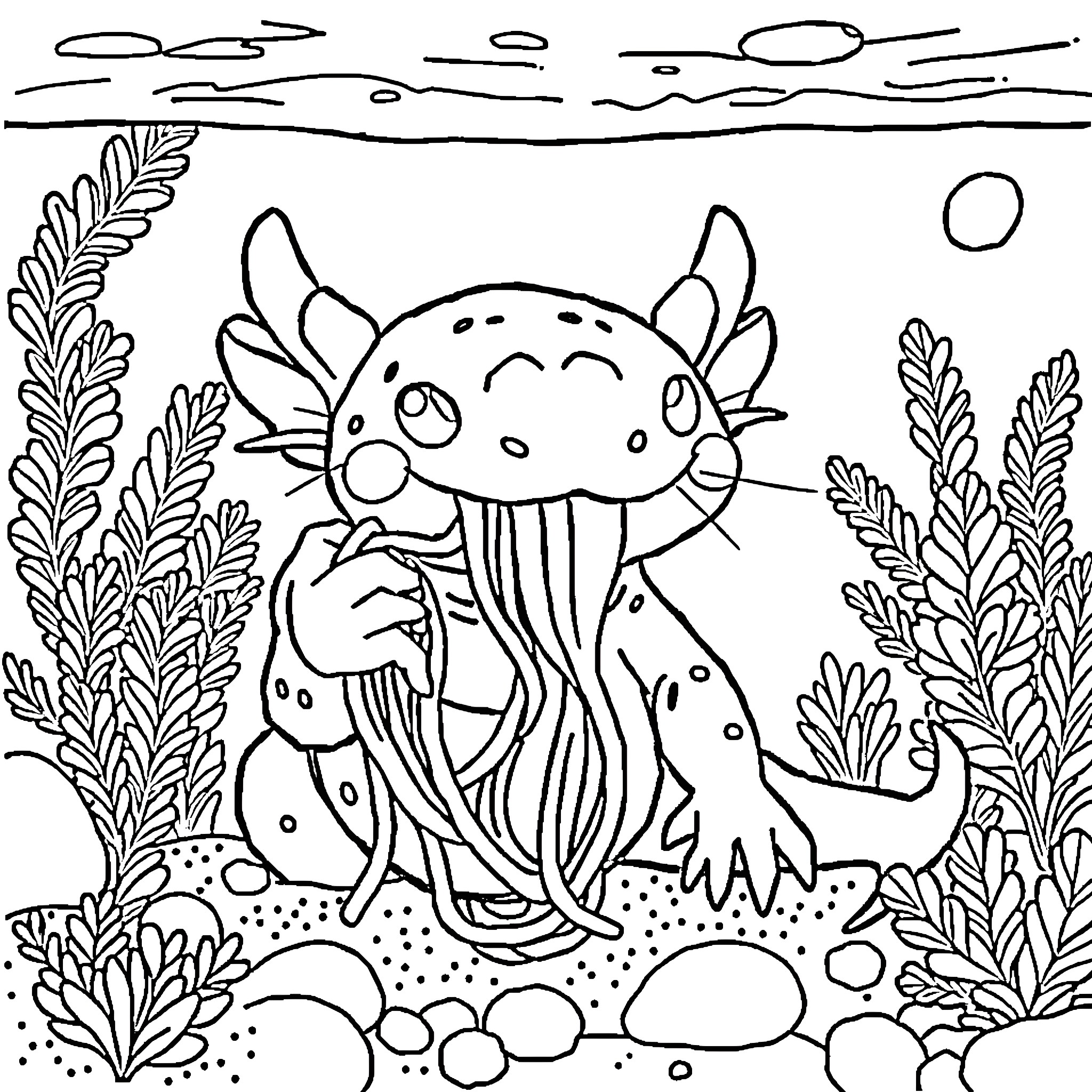 Axolotl exploring the underwater plants Coloring Page (free black-and-white line drawing printable PDF for all, from beginners to advanced learners, including children, teens, adults, and seniors)