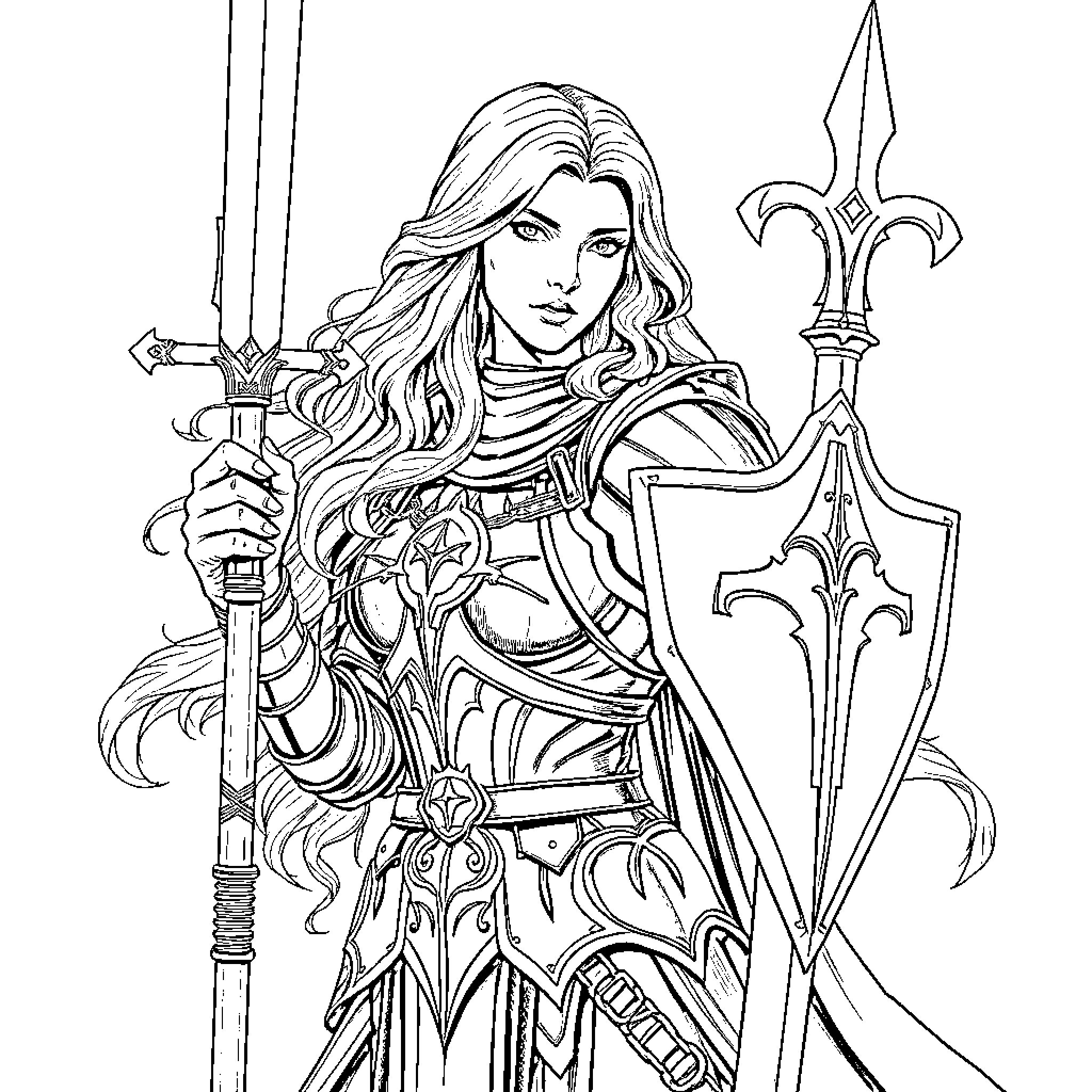 Knight with long hair and ornate armor wielding sword and shield Coloring Page (free black-and-white line drawing printable PDF for all, from beginners to advanced learners, including children, teens, adults, and seniors)
