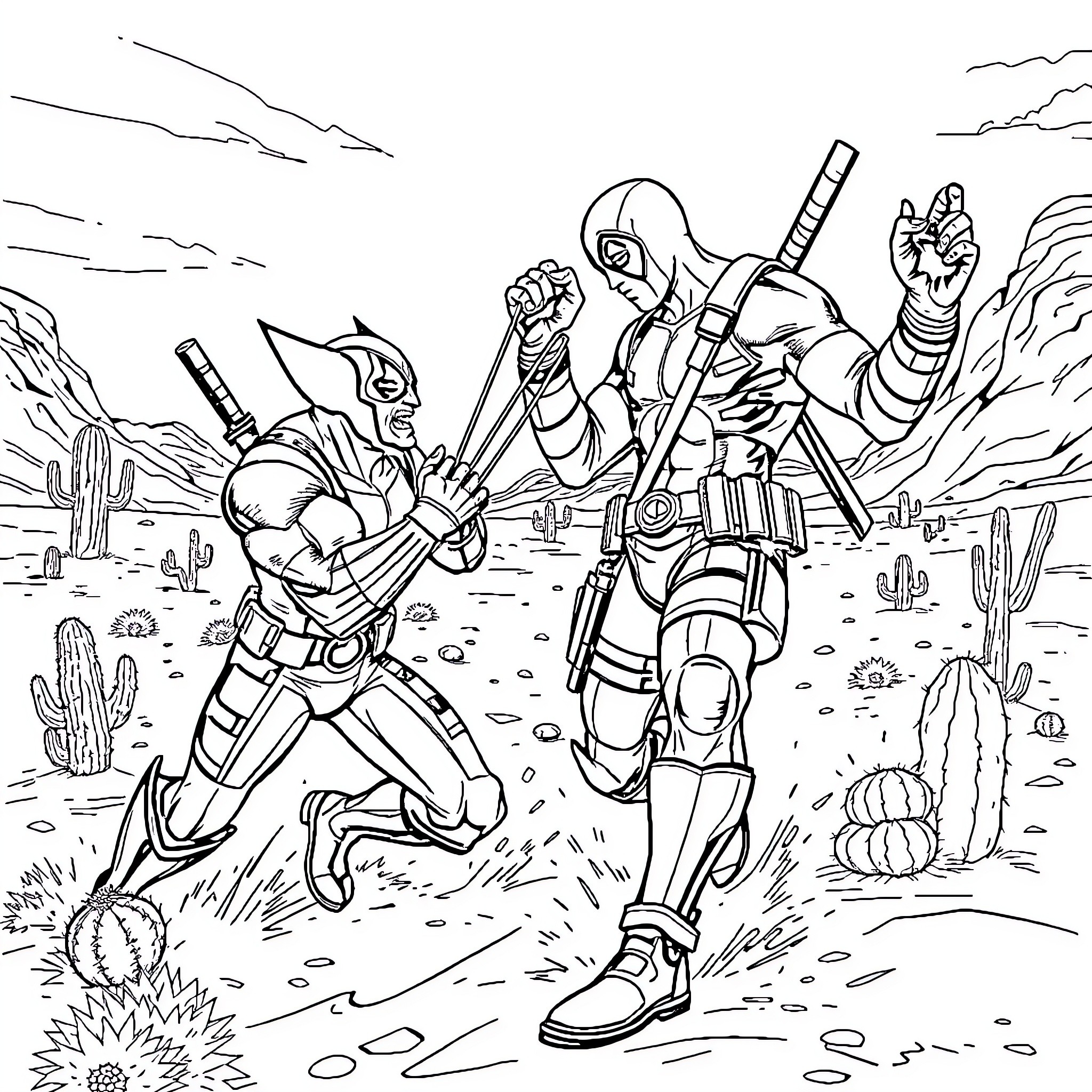 Wolverine in Fierce Combat with Robotic Adversary Coloring Page (free black-and-white line drawing printable PDF for all, from beginners to advanced learners, including children, teens, adults, and seniors)
