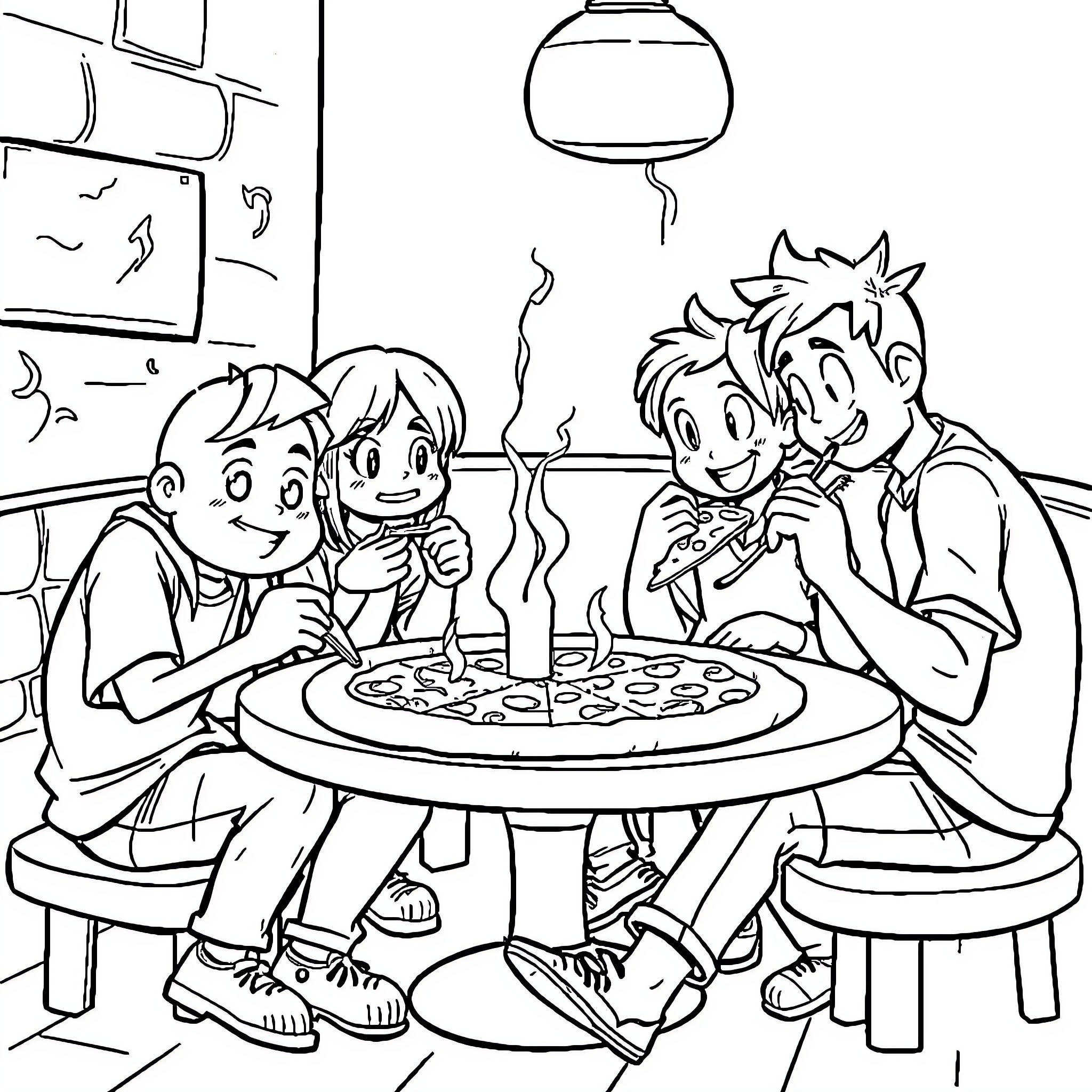 Among Us friends enjoying a pizza party Coloring Page (free black-and-white line drawing printable PDF for all, from beginners to advanced learners, including children, teens, adults, and seniors)