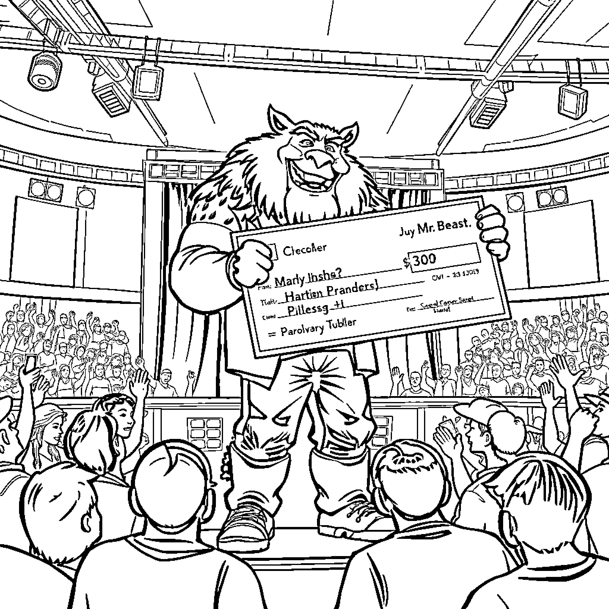 Mr Beast Presenting Giant Check to Lucky Winner Coloring Page (free black-and-white line drawing printable PDF for all, from beginners to advanced learners, including children, teens, adults, and seniors)