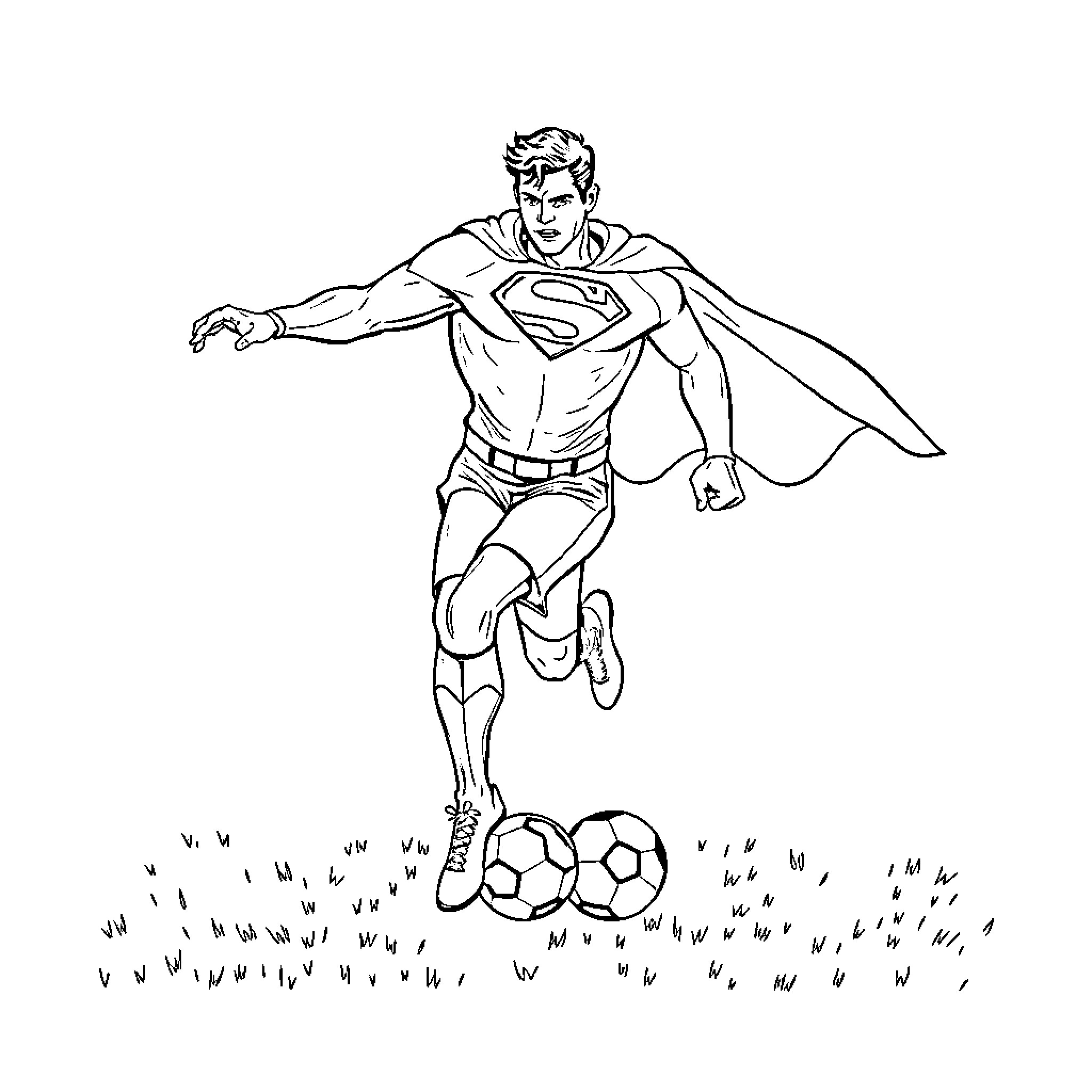 Superman playing with soccer balls in the field Coloring Page (free black-and-white line drawing printable PDF for all, from beginners to advanced learners, including children, teens, adults, and seniors)