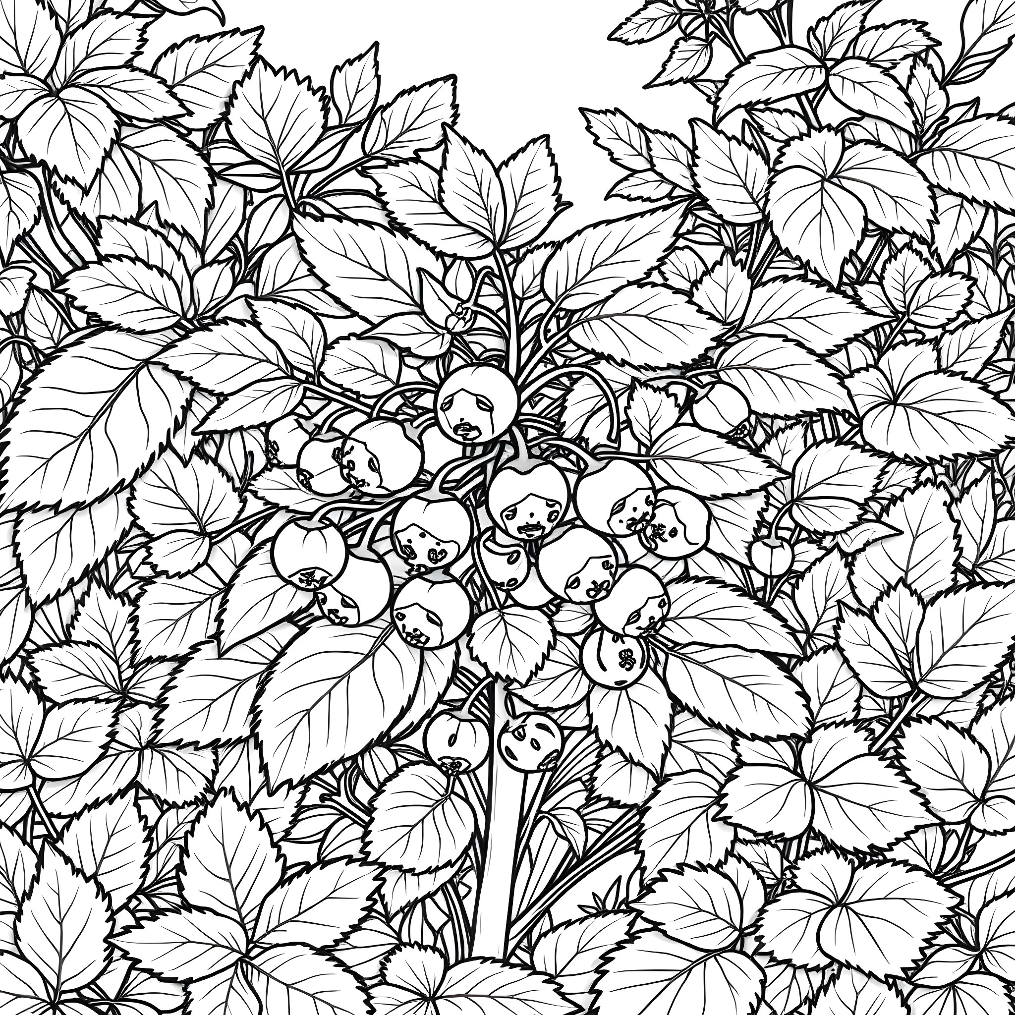 Cloudberry growing among lush foliage Coloring Page (free black-and-white line drawing printable PDF for all, from beginners to advanced learners, including children, teens, adults, and seniors)
