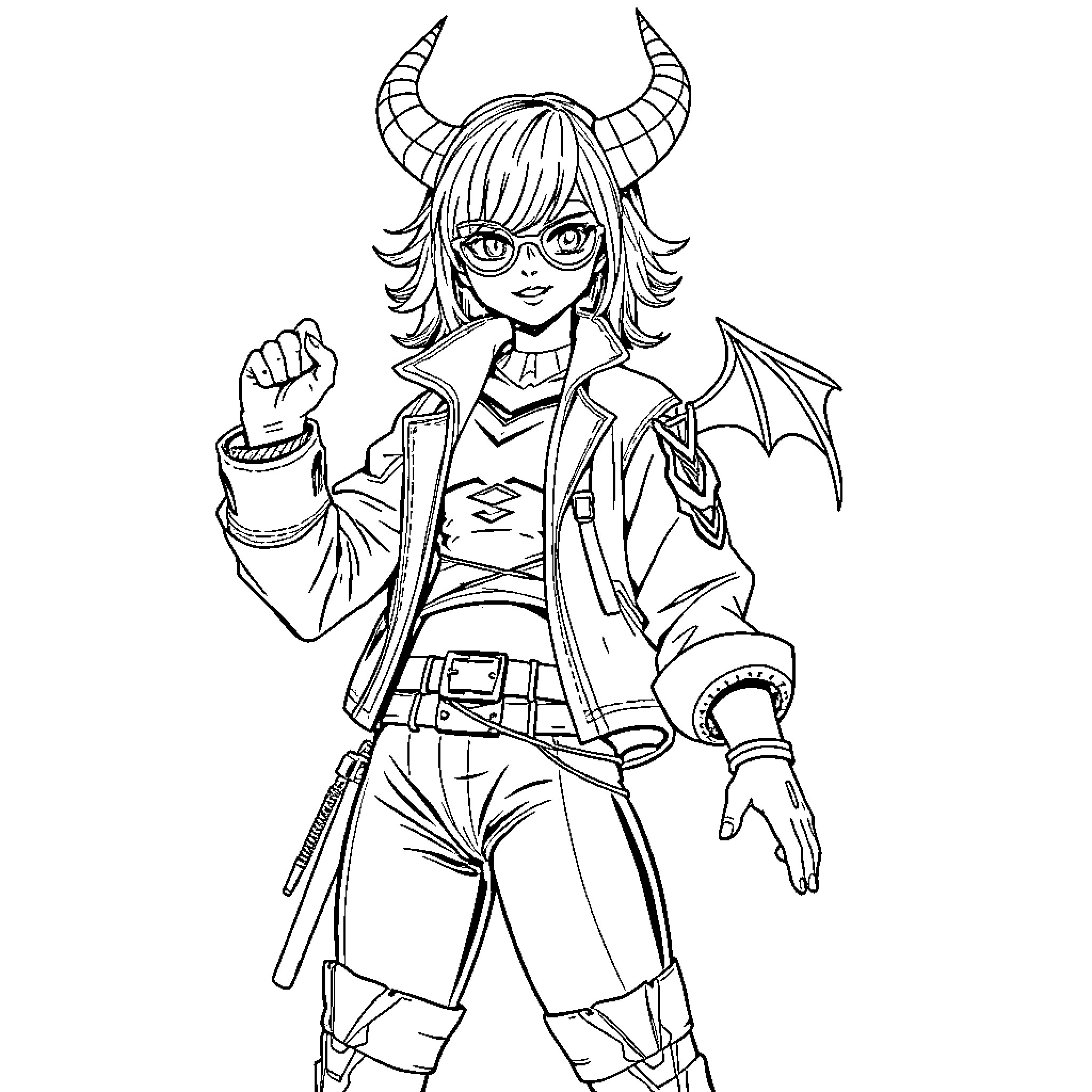 Romy, the Winged Adventurer in Casual Attire Coloring Page (free black-and-white line drawing printable PDF for all, from beginners to advanced learners, including children, teens, adults, and seniors)