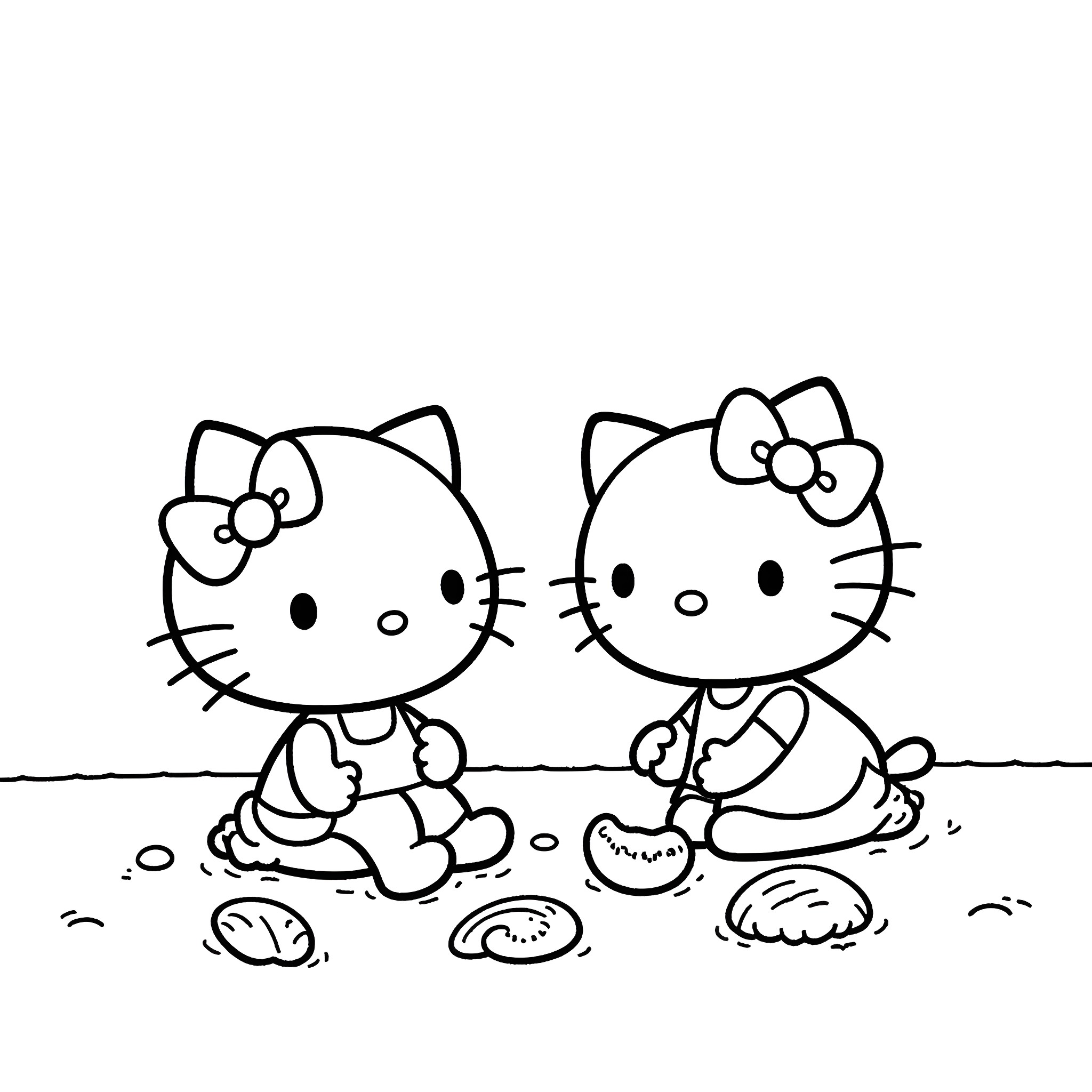 Hello Kitty and friends playing together Coloring Page (free black-and-white line drawing printable PDF for all, from beginners to advanced learners, including children, teens, adults, and seniors)