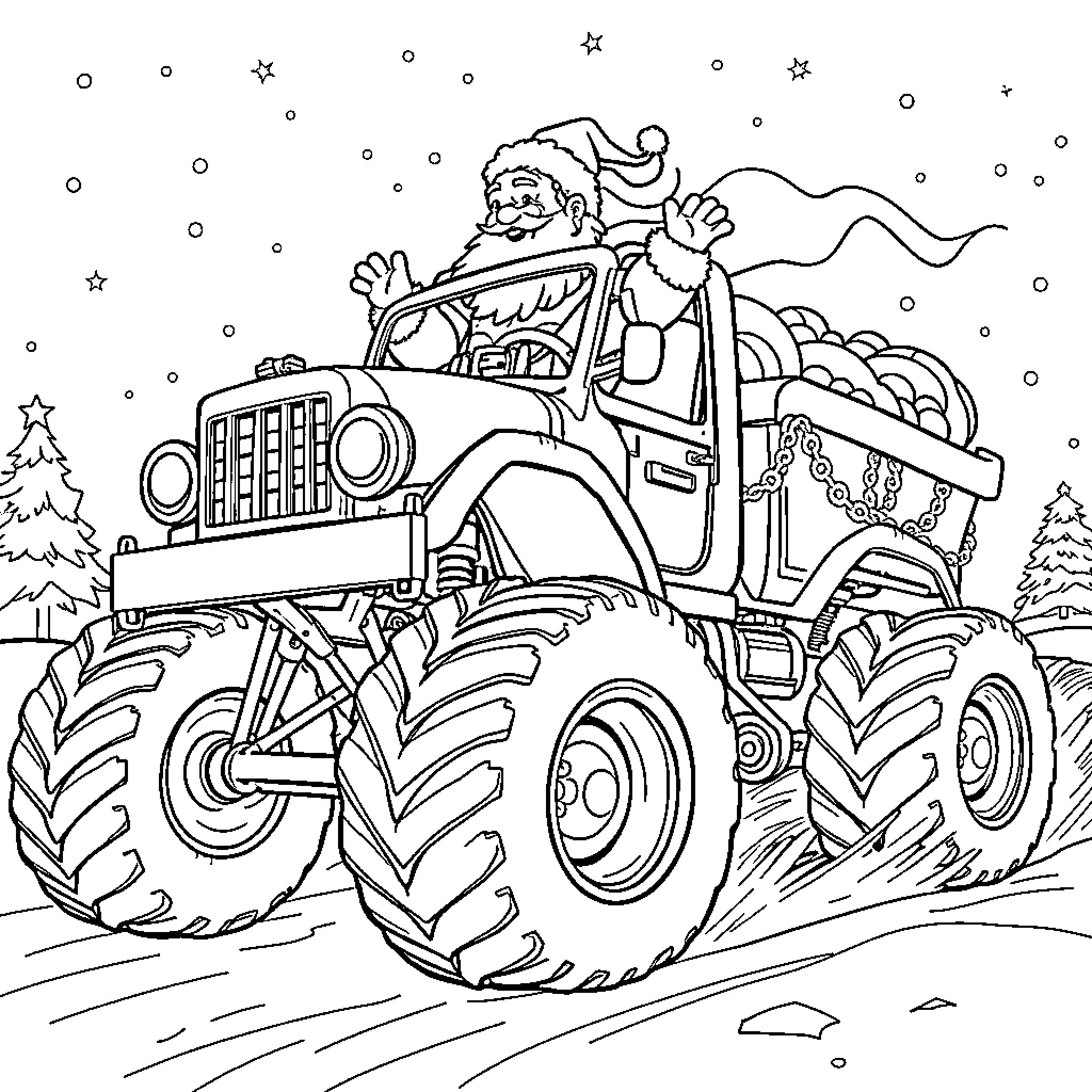 Father Christmas driving a jolly tractor through the snowy countryside Coloring Page (free black-and-white line drawing printable PDF for all, from beginners to advanced learners, including children, teens, adults, and seniors)