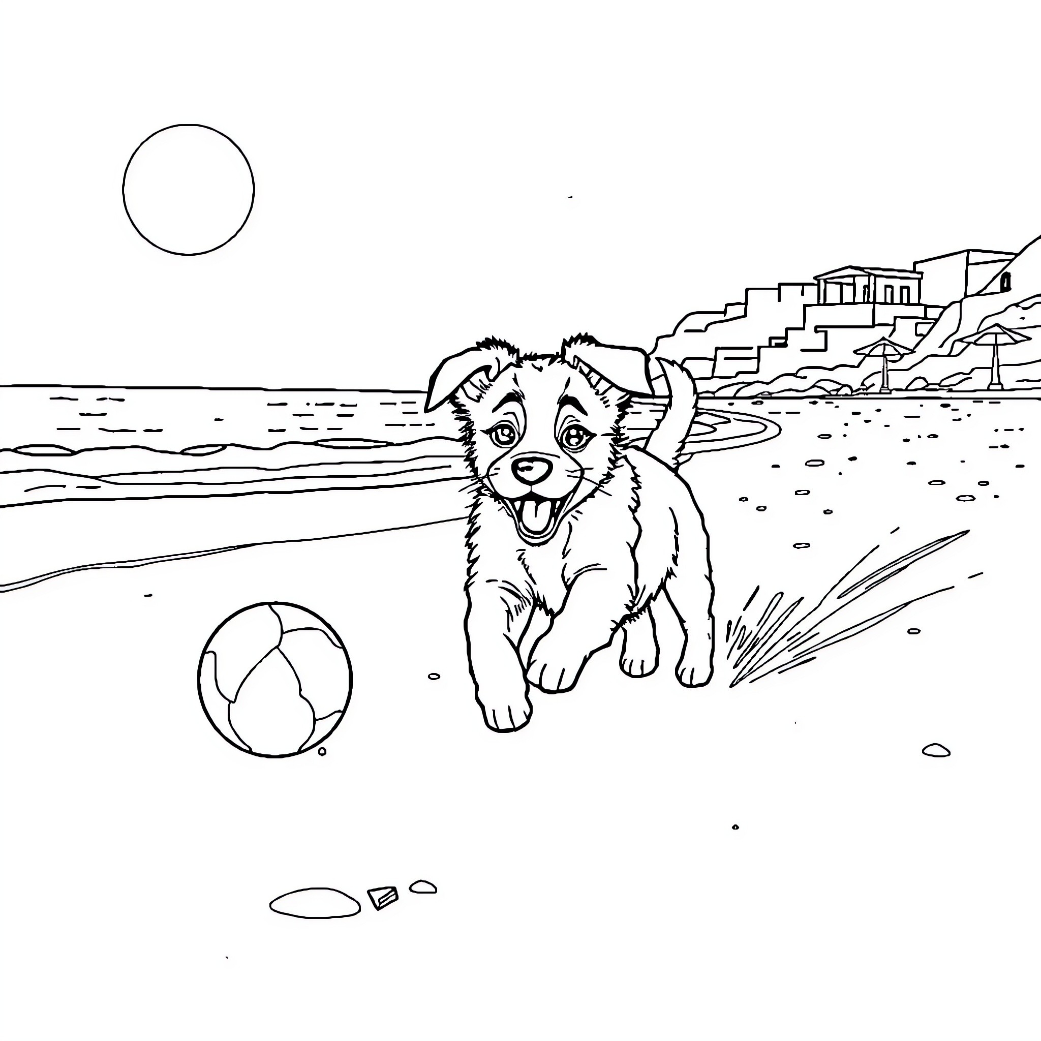 Puppy playing joyfully on the beach Coloring Page (free black-and-white line drawing printable PDF for all, from beginners to advanced learners, including children, teens, adults, and seniors)