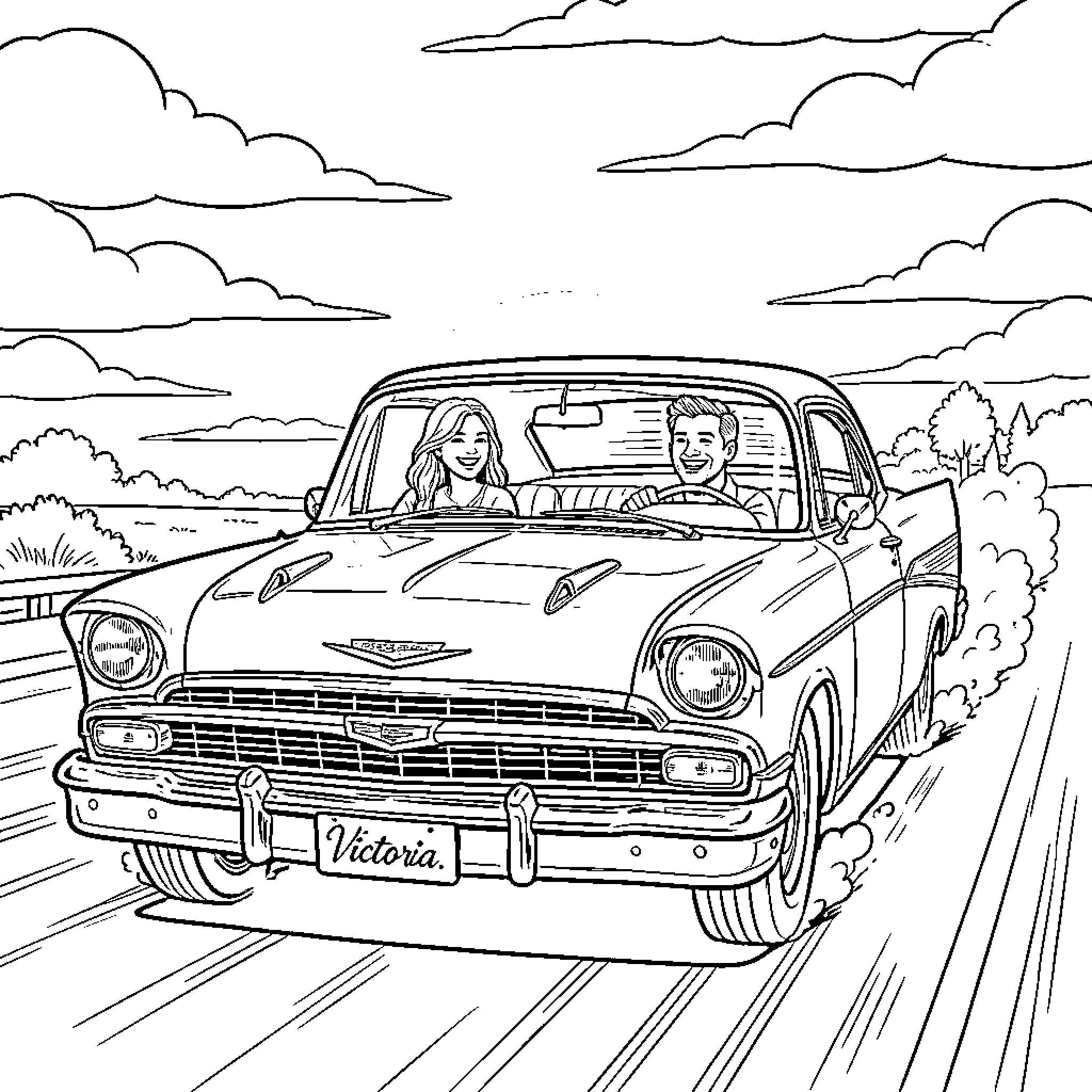 Lowrider couple cruising on a scenic road Coloring Page (free black-and-white line drawing printable PDF for all, from beginners to advanced learners, including children, teens, adults, and seniors)