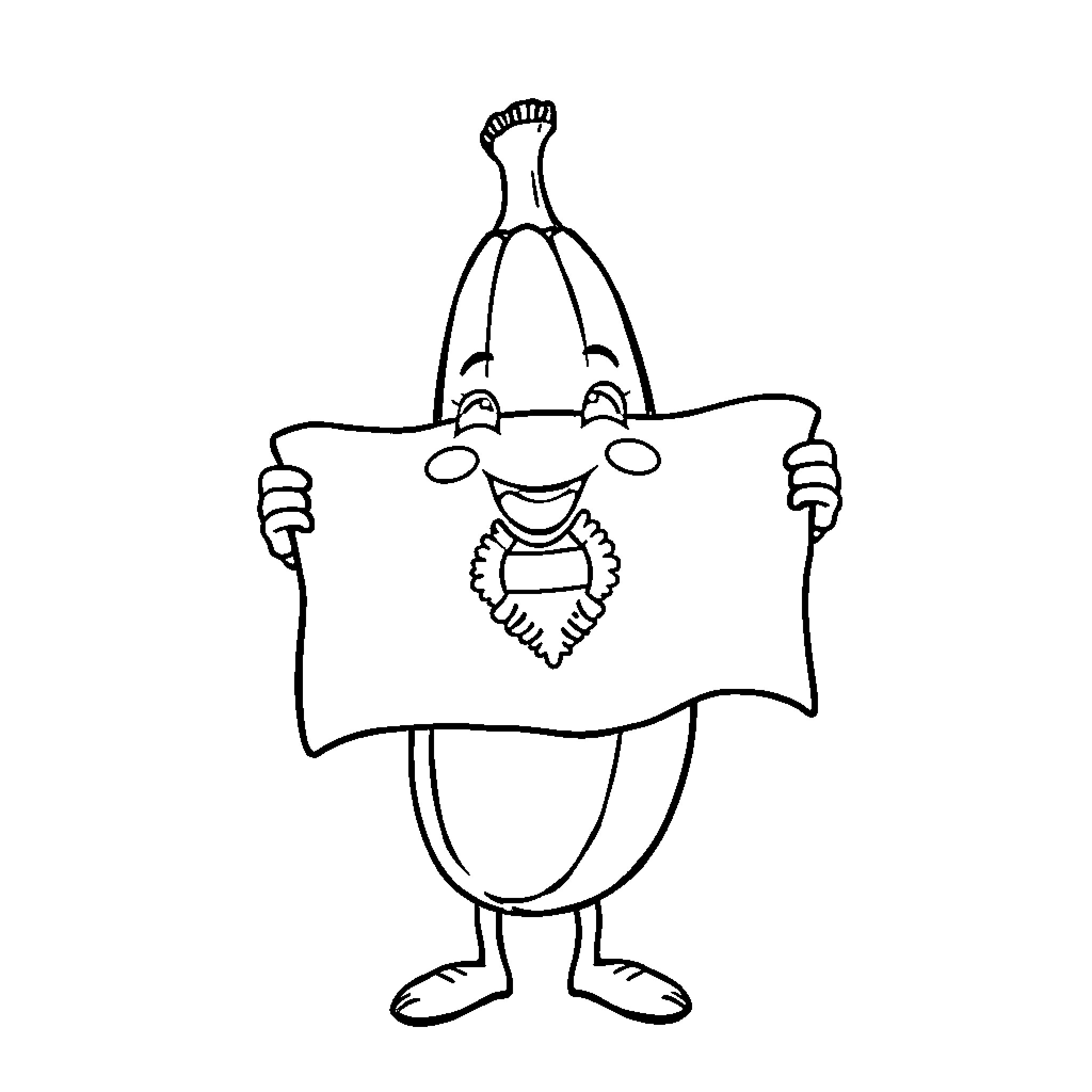 Banana holding a happy sign Coloring Page (free black-and-white line drawing printable PDF for all, from beginners to advanced learners, including children, teens, adults, and seniors)