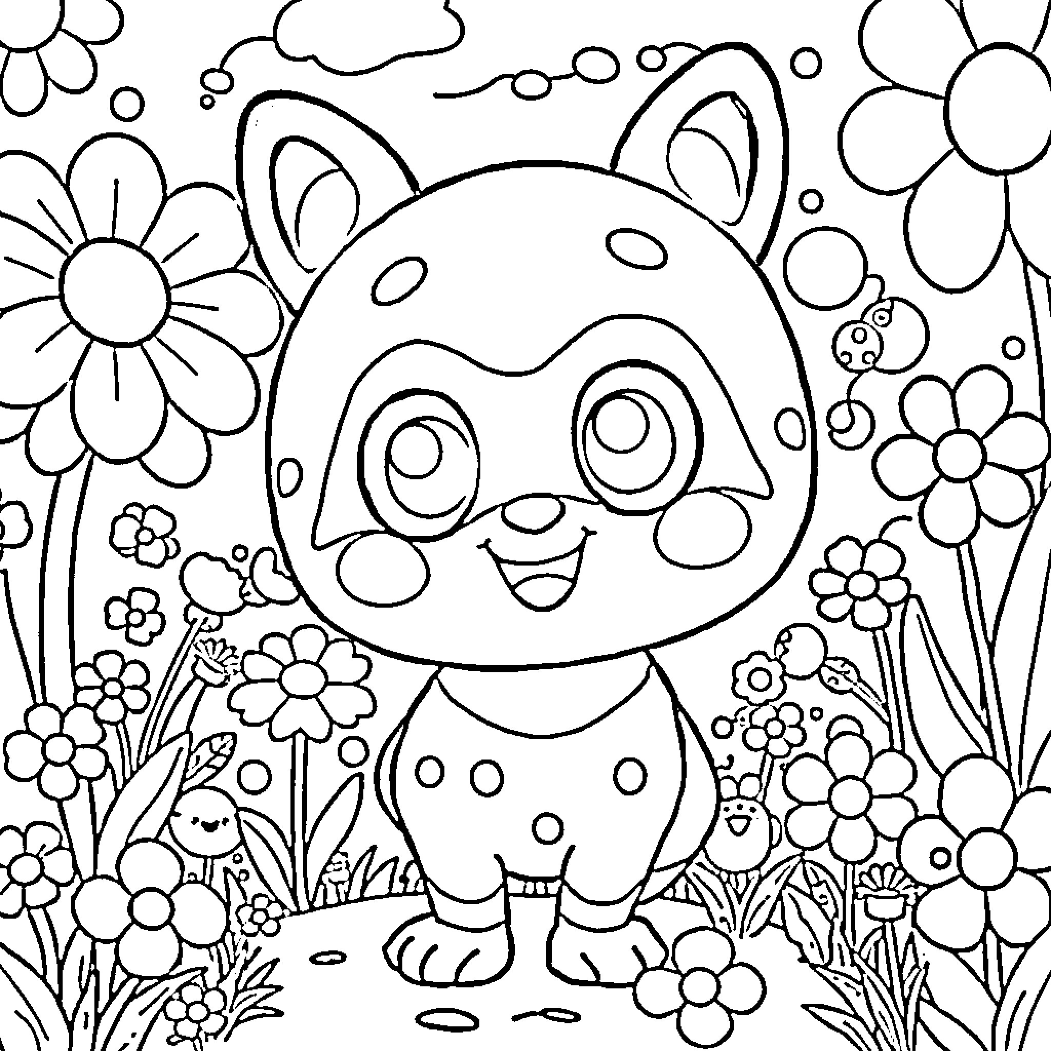 Pollon's Playful Garden Adventure Coloring Page (free black-and-white line drawing printable PDF for all, from beginners to advanced learners, including children, teens, adults, and seniors)