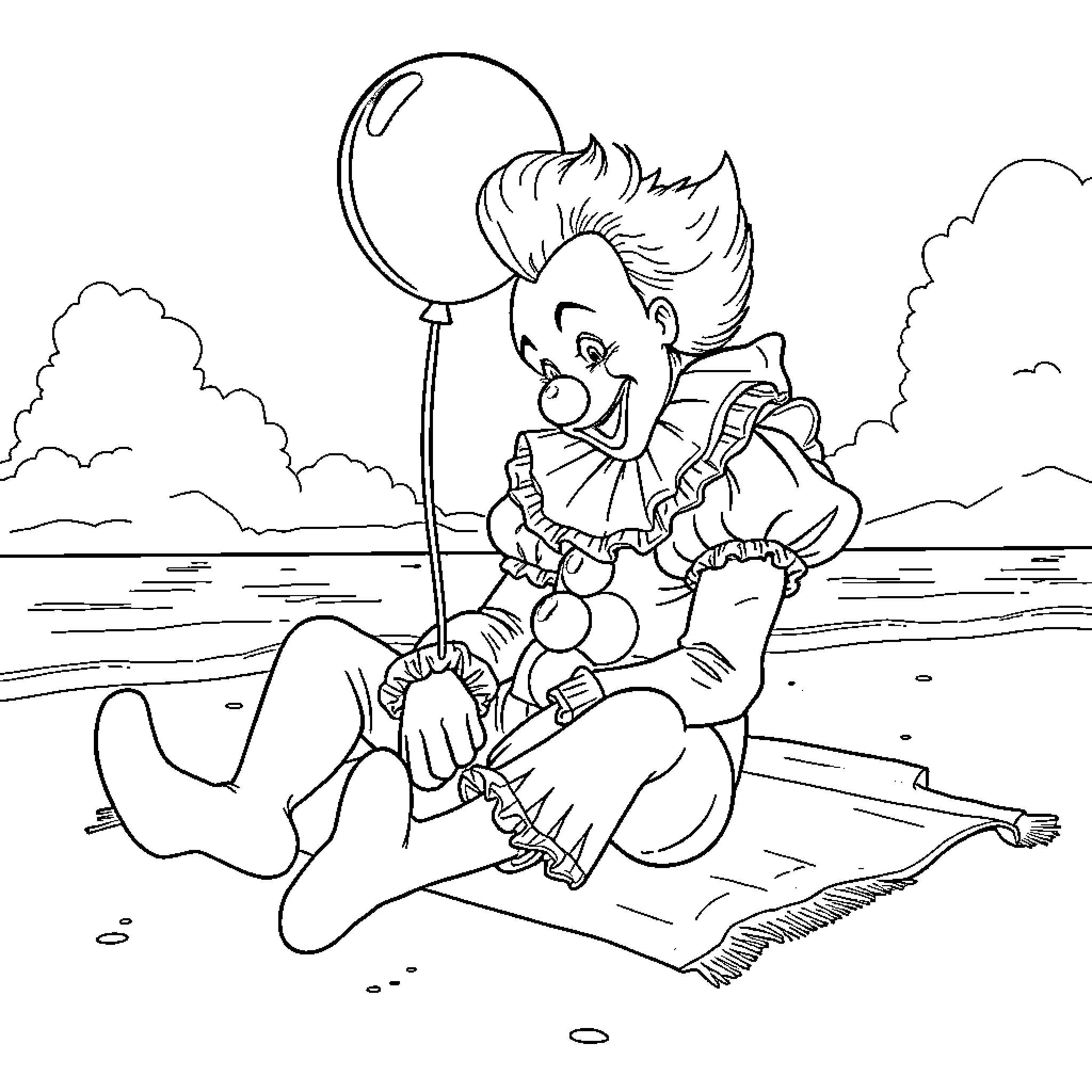 Pennywise the Clown relaxing on the beach Coloring Page (free black-and-white line drawing printable PDF for all, from beginners to advanced learners, including children, teens, adults, and seniors)
