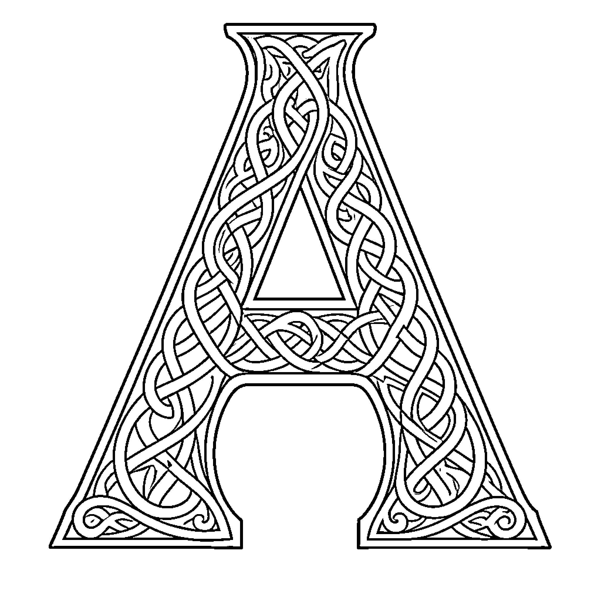Letter A with Intricate Celtic Knot Design Coloring Page (free black-and-white line drawing printable PDF for all, from beginners to advanced learners, including children, teens, adults, and seniors)