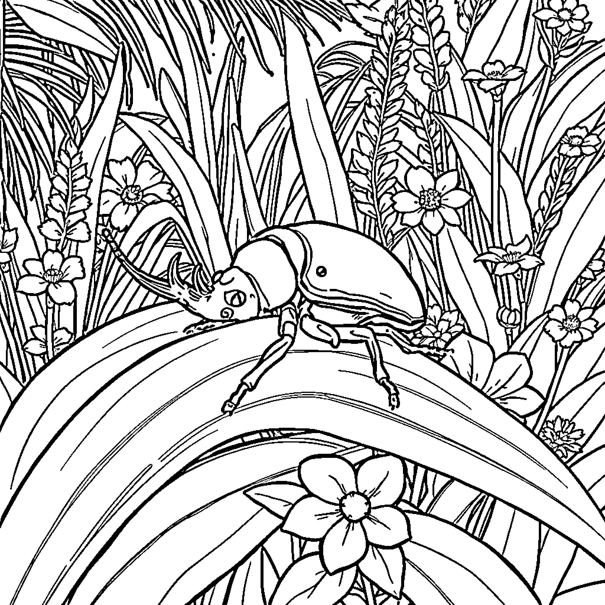 Coconut Rhinoceros Beetle exploring lush tropical foliage Coloring Page (free black-and-white line drawing printable PDF for all, from beginners to advanced learners, including children, teens, adults, and seniors)