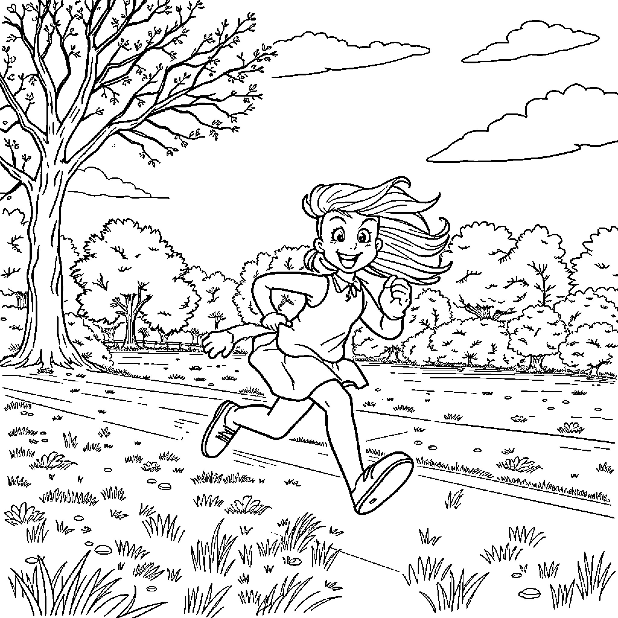 Maggie running through the park Coloring Page (free black-and-white line drawing printable PDF for all, from beginners to advanced learners, including children, teens, adults, and seniors)