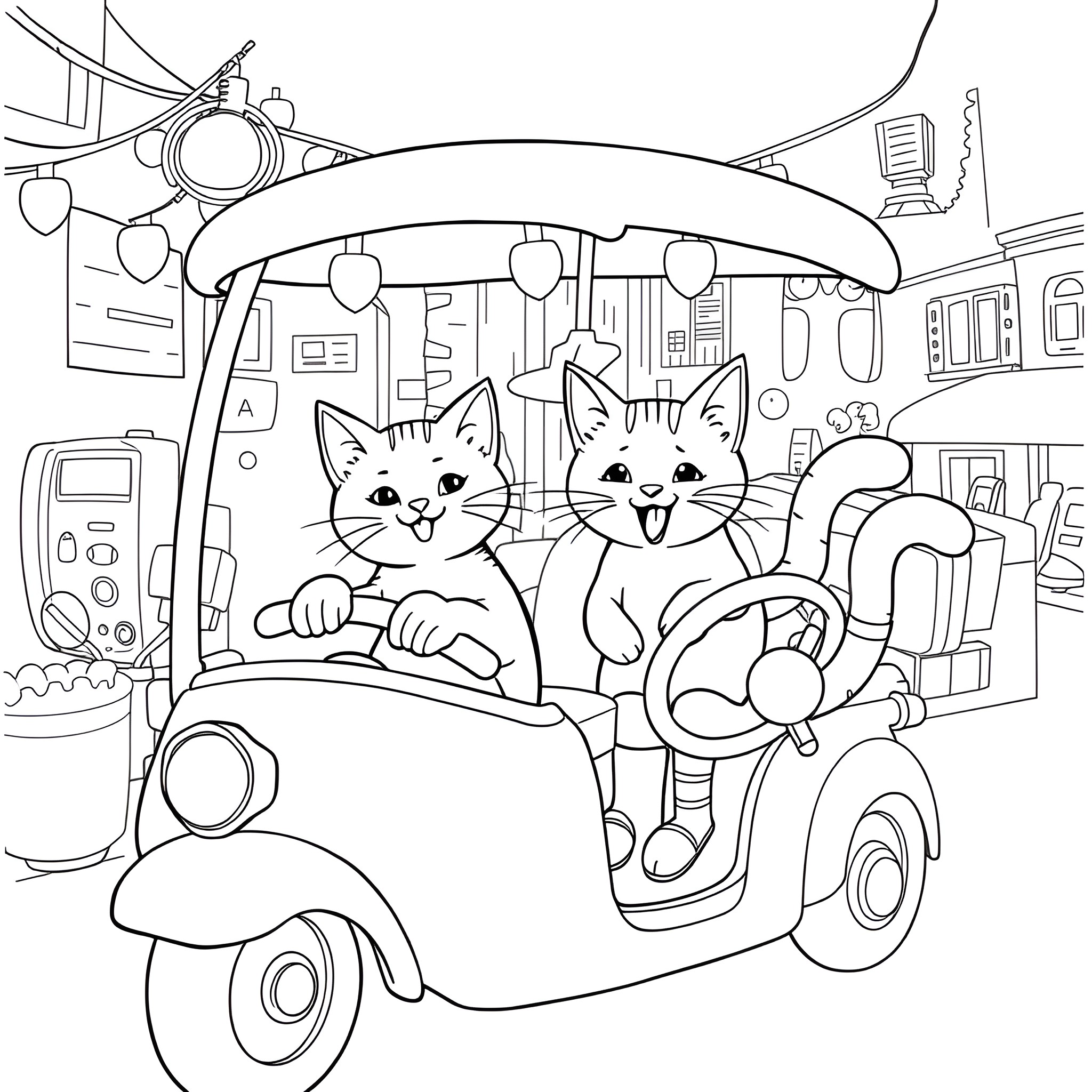 Cats Riding in a Whimsical Scooter Coloring Page (free black-and-white line drawing printable PDF for all, from beginners to advanced learners, including children, teens, adults, and seniors)