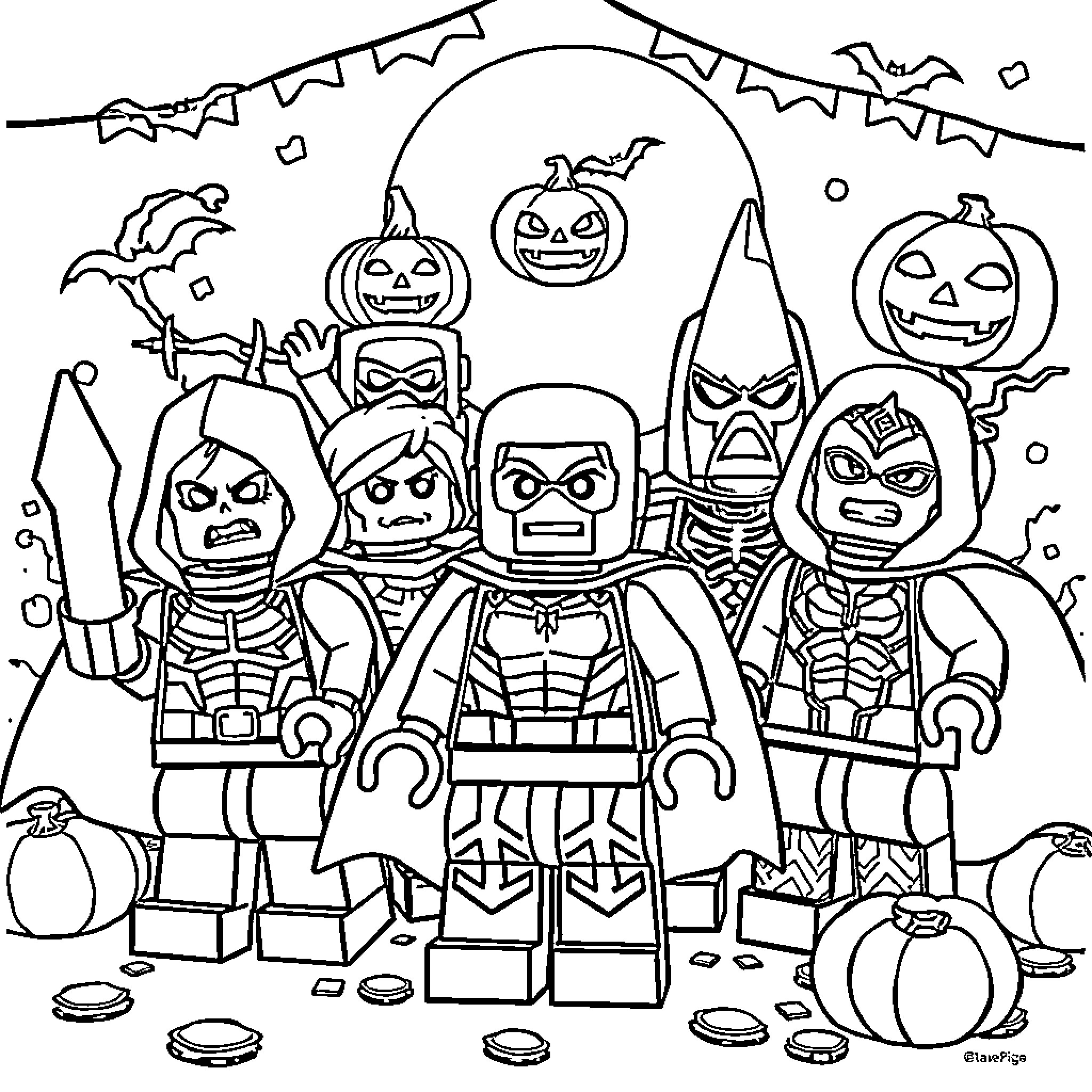 Lego Halloween characters in costumes Coloring Page (free black-and-white line drawing printable PDF for all, from beginners to advanced learners, including children, teens, adults, and seniors)