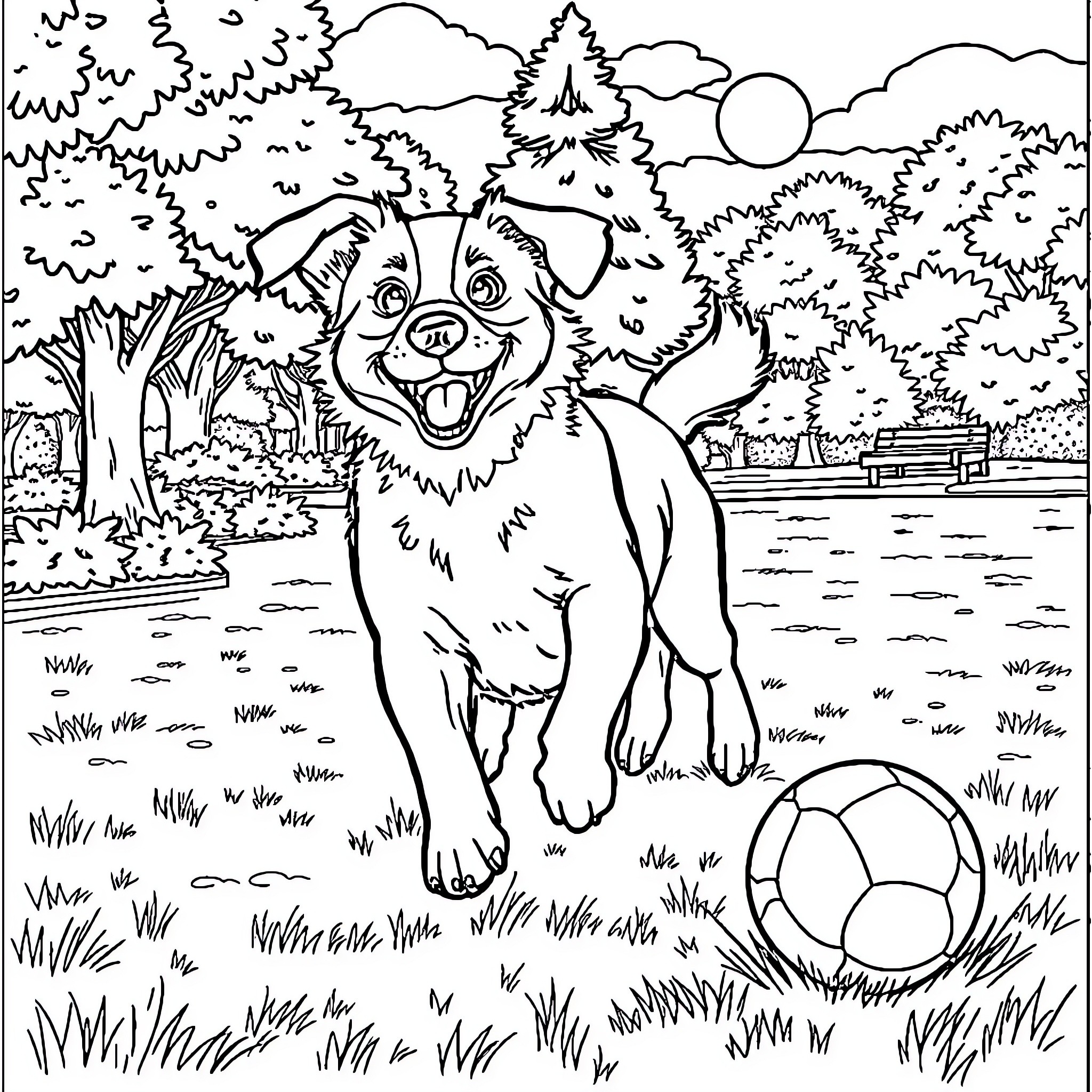 Dog playing with a ball in the park Coloring Page (free black-and-white line drawing printable PDF for all, from beginners to advanced learners, including children, teens, adults, and seniors)