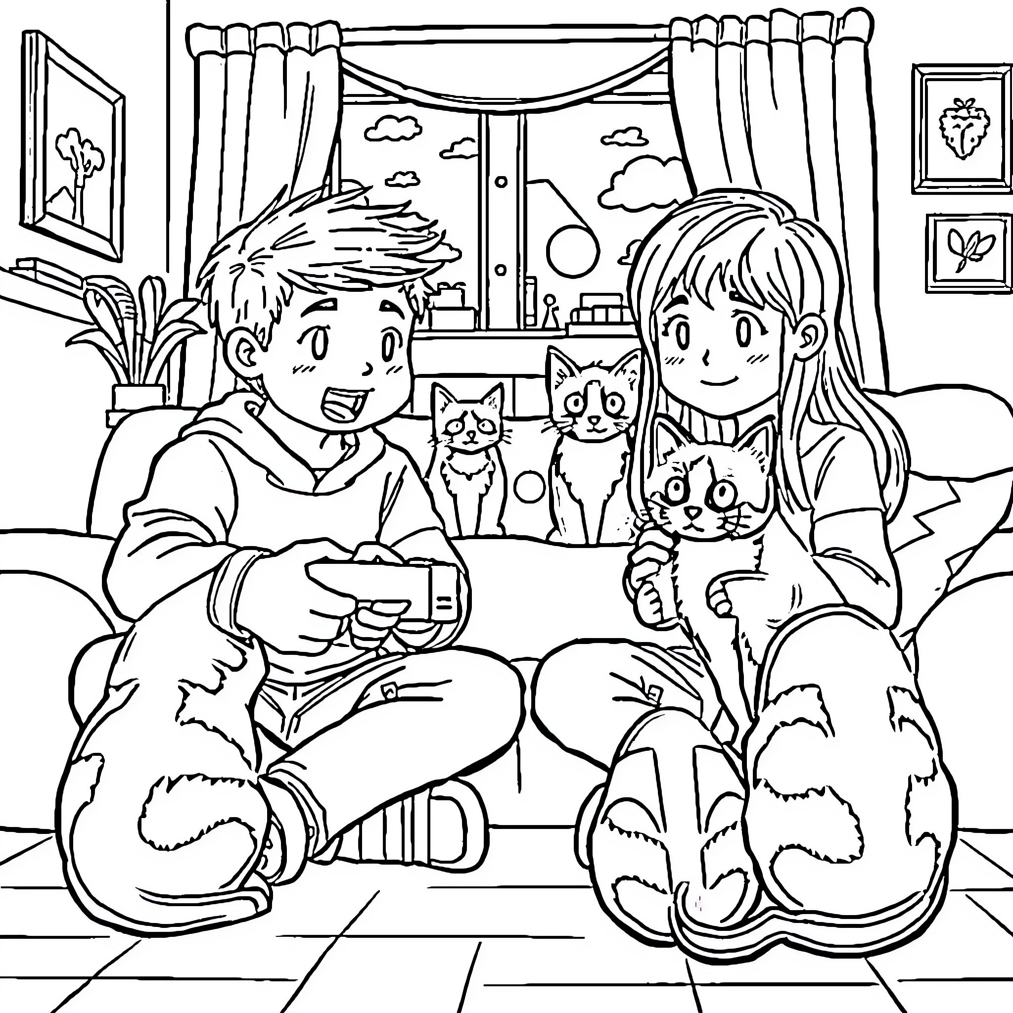 Minecraft characters playing video games with pets Coloring Page (free black-and-white line drawing printable PDF for all, from beginners to advanced learners, including children, teens, adults, and seniors)