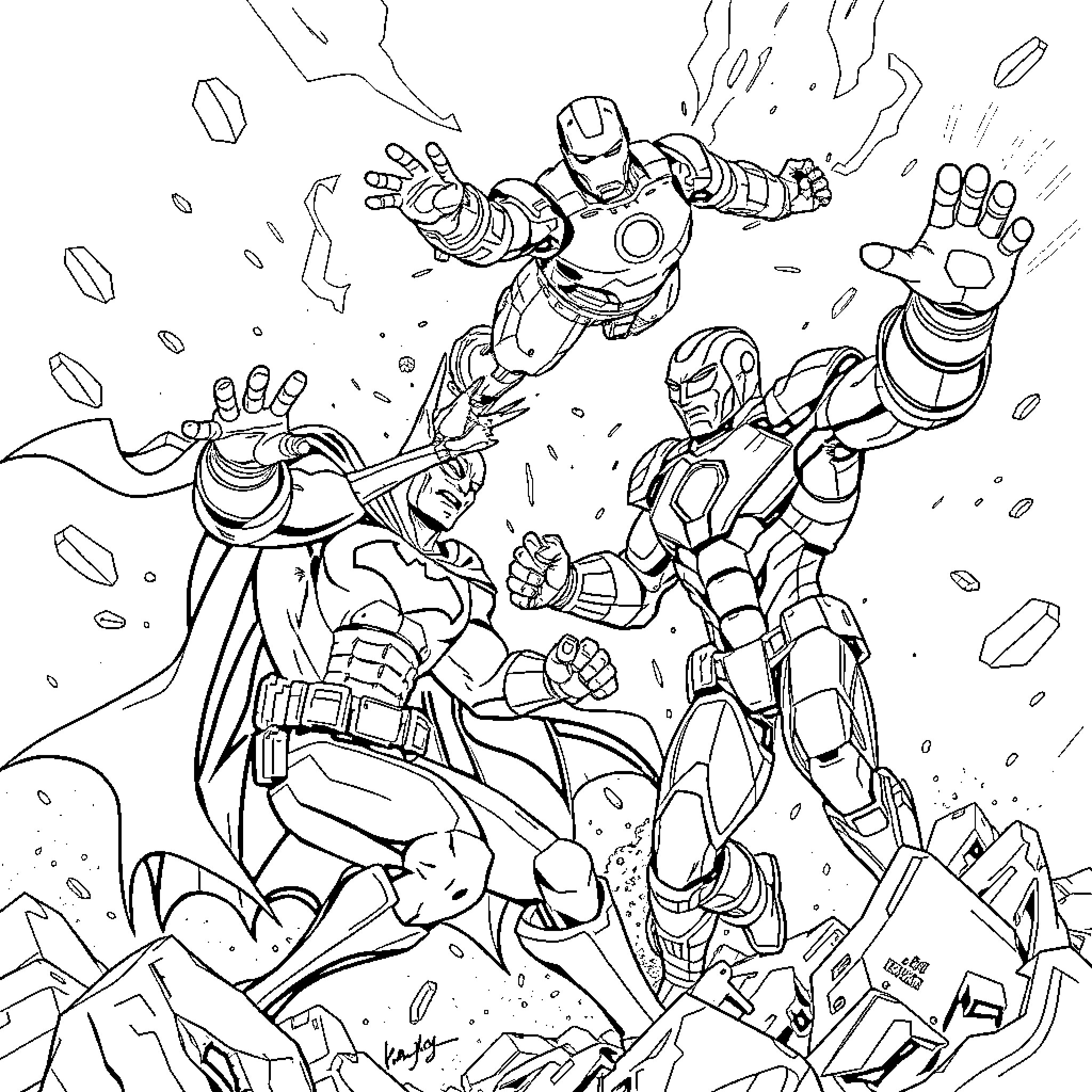 Batman and Iron Man in an epic battle Coloring Page (free black-and-white line drawing printable PDF for all, from beginners to advanced learners, including children, teens, adults, and seniors)
