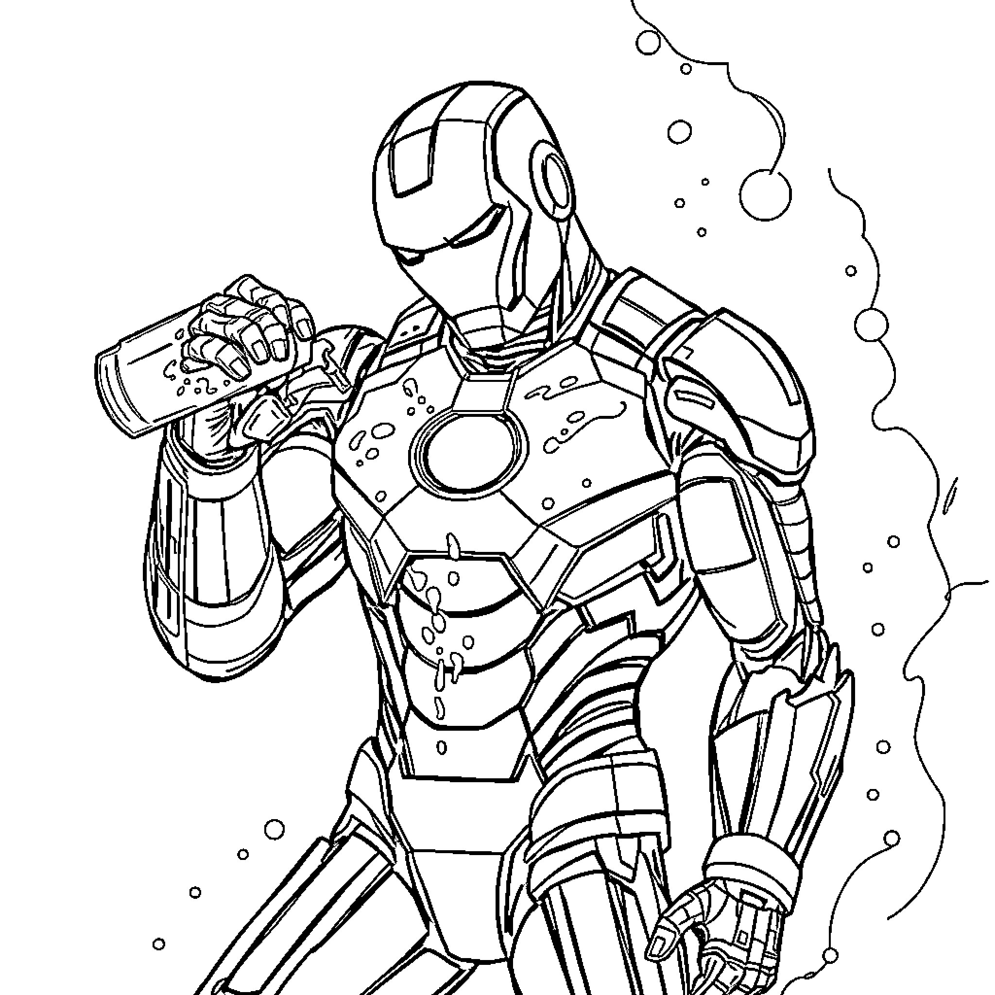 Ironman Battling in Heroic Action Coloring Page (free black-and-white line drawing printable PDF for all, from beginners to advanced learners, including children, teens, adults, and seniors)