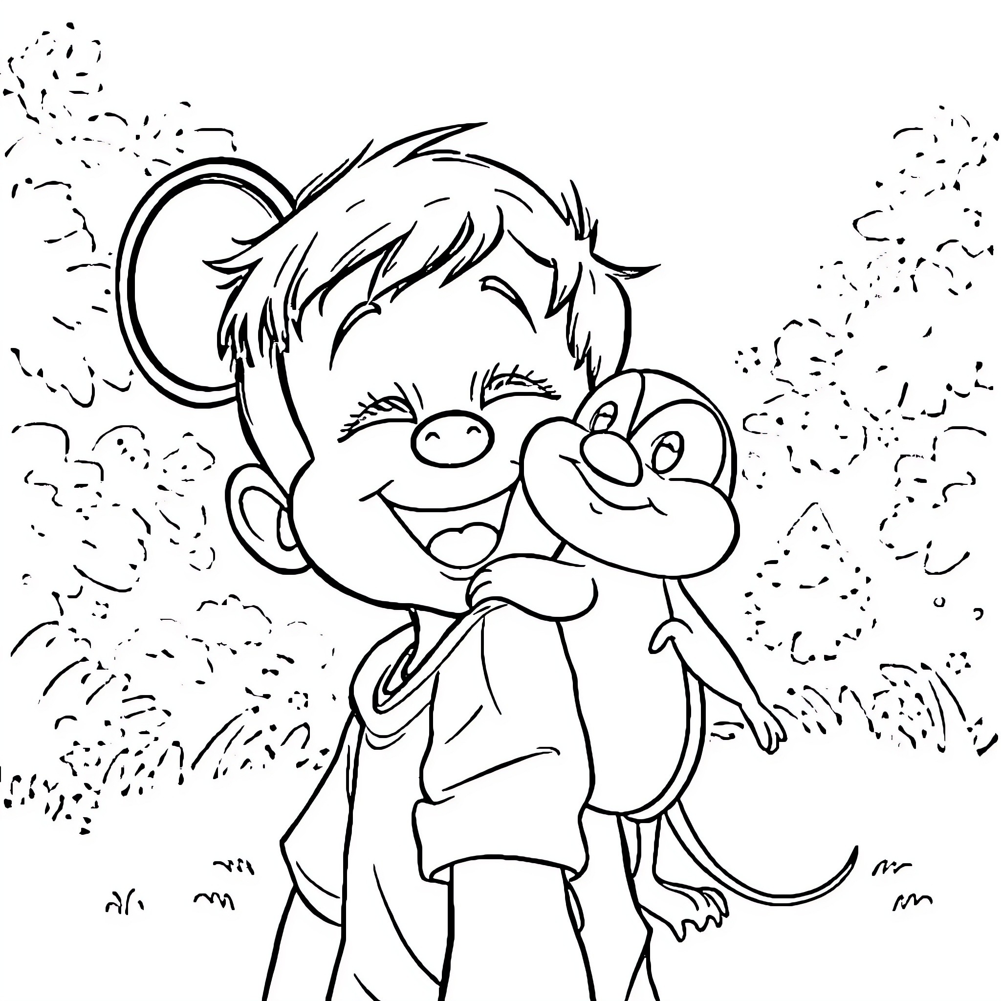 Niño embraces his companion on a grassy field Coloring Page (free black-and-white line drawing printable PDF for all, from beginners to advanced learners, including children, teens, adults, and seniors)