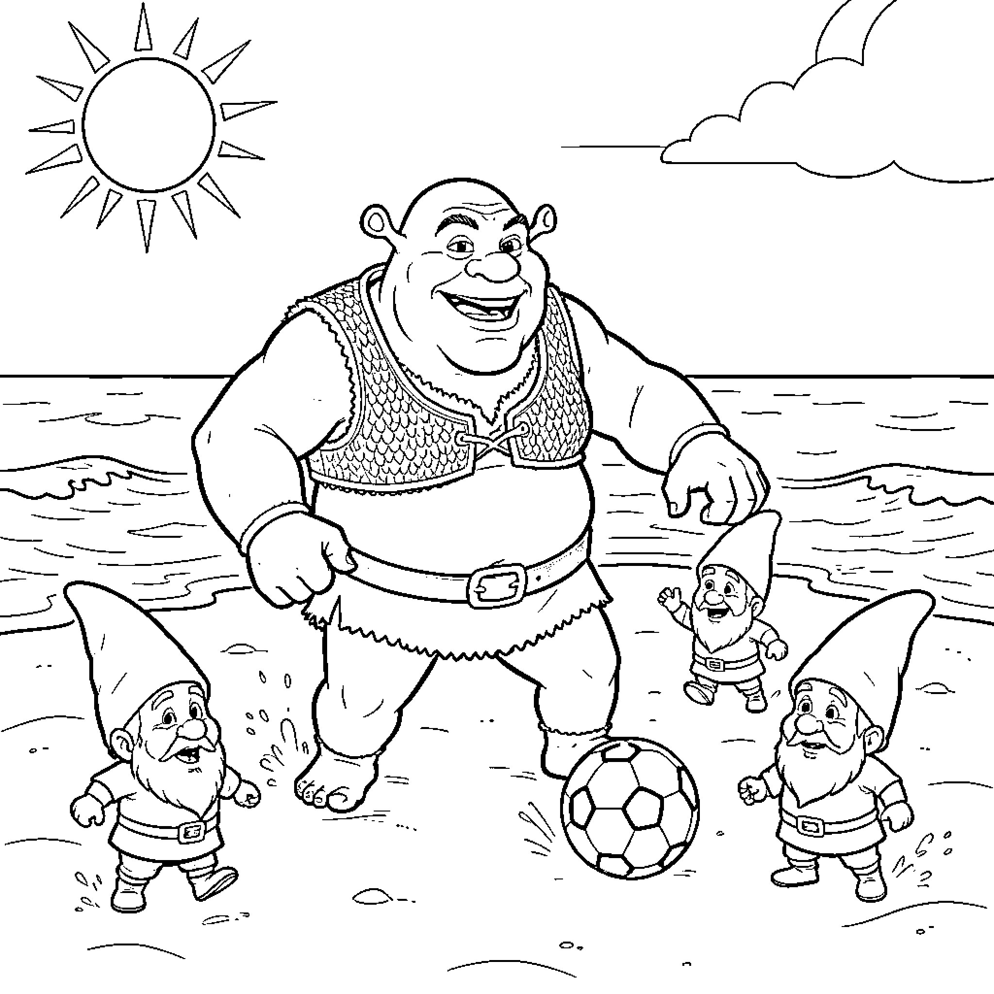 Shrek playing football with his friends on the beach Coloring Page (free black-and-white line drawing printable PDF for all, from beginners to advanced learners, including children, teens, adults, and seniors)