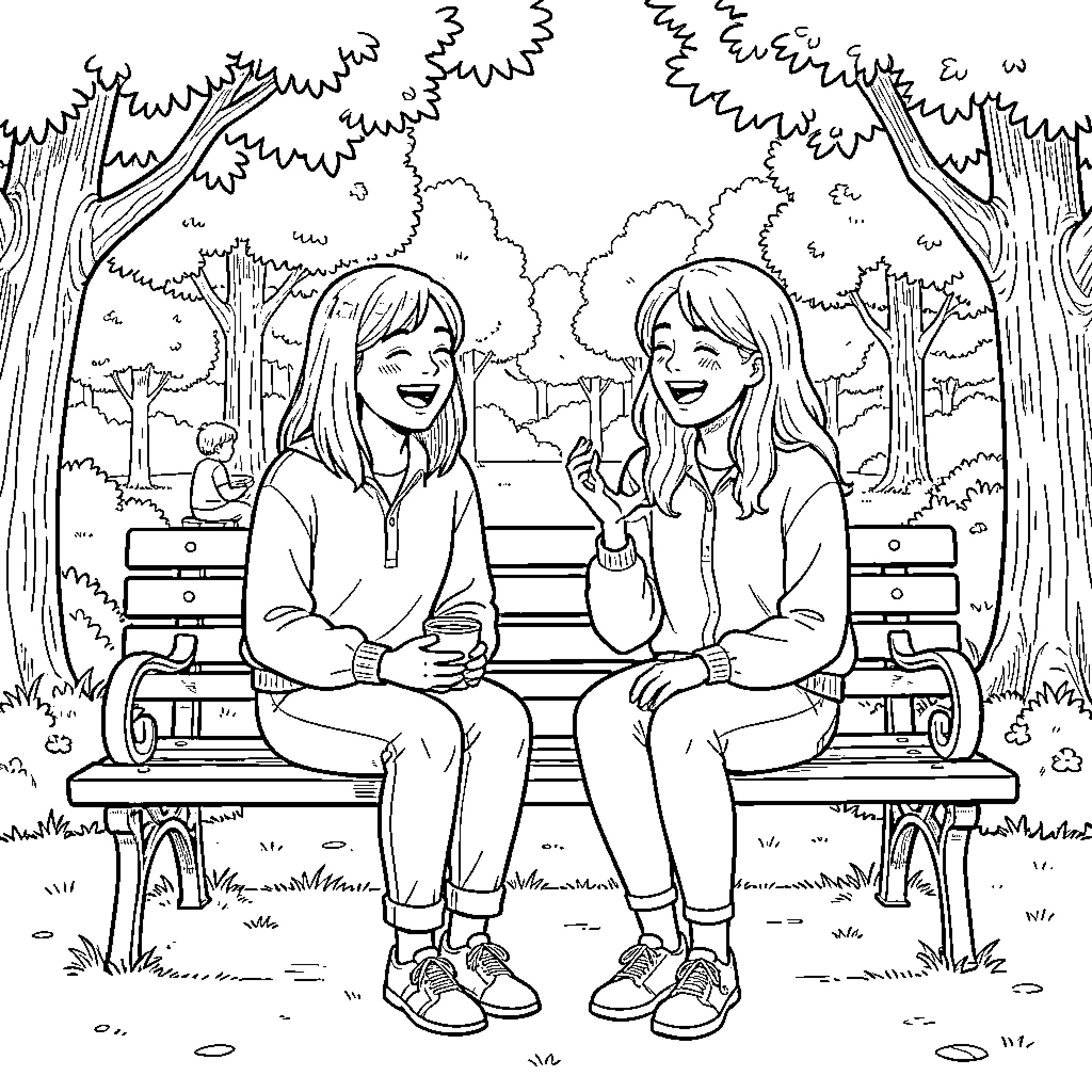 Tara and Darcy laughing together on a park bench Coloring Page (free black-and-white line drawing printable PDF for all, from beginners to advanced learners, including children, teens, adults, and seniors)