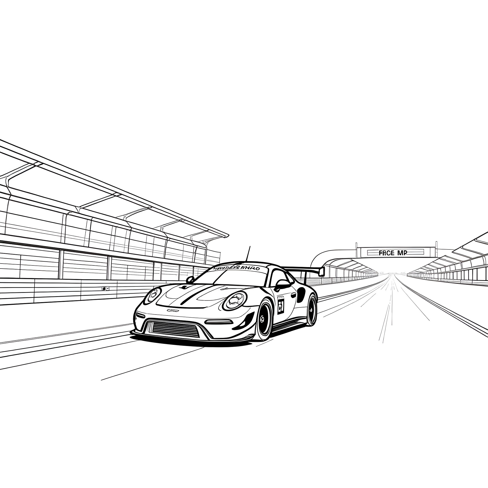Racecar speeding on racing circuit Coloring Page (free black-and-white line drawing printable PDF for all, from beginners to advanced learners, including children, teens, adults, and seniors)